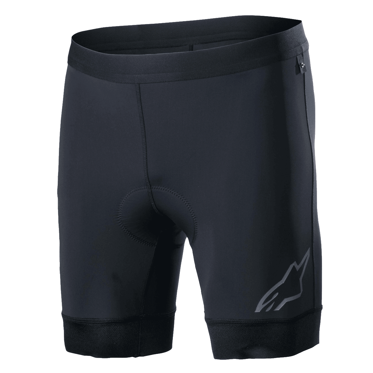 Alpinestars Alps Inner Shorts, pantaloncini intimi da ciclismo neri con zona seduta imbottita integrata, fascia elastica in vita, logo Astars riflettente sulla parte inferiore della gamba sinistra, tessuto sintetico elasticizzato per prestazioni e comfort traspirante