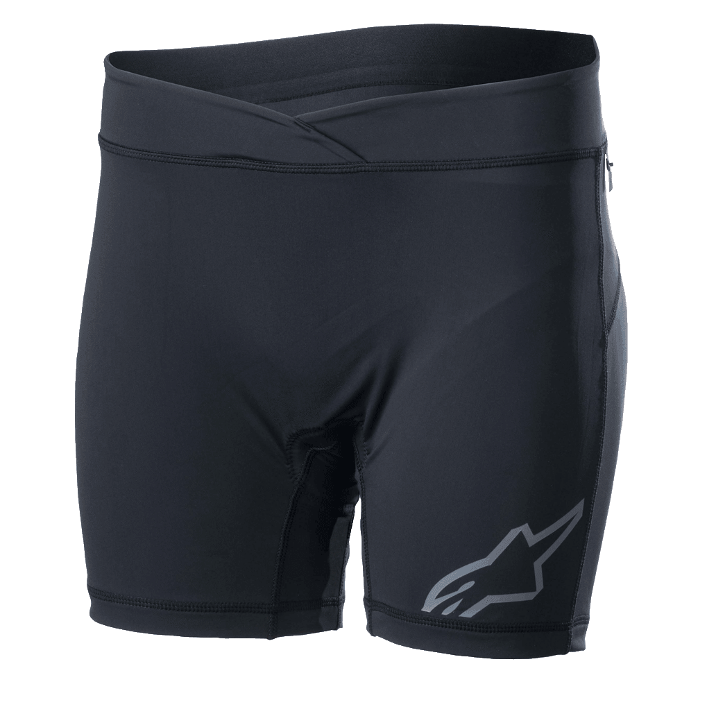 Alpinestars Stella Drop Inner Shorts da donna, base layer da ciclismo nero, pantaloncini a compressione aderenti con vita a incrocio, logo Alpinestars grigio sulla gamba, tessuto elasticizzato traspirante per MTB ed Enduro