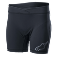 Alpinestars Stella Drop Inner Shorts da donna, base layer da ciclismo nero, pantaloncini a compressione aderenti con vita a incrocio, logo Alpinestars grigio sulla gamba, tessuto elasticizzato traspirante per MTB ed Enduro