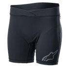 Alpinestars Stella Drop Inner Shorts da donna, base layer da ciclismo nero, pantaloncini a compressione aderenti con vita a incrocio, logo Alpinestars grigio sulla gamba, tessuto elasticizzato traspirante per MTB ed Enduro