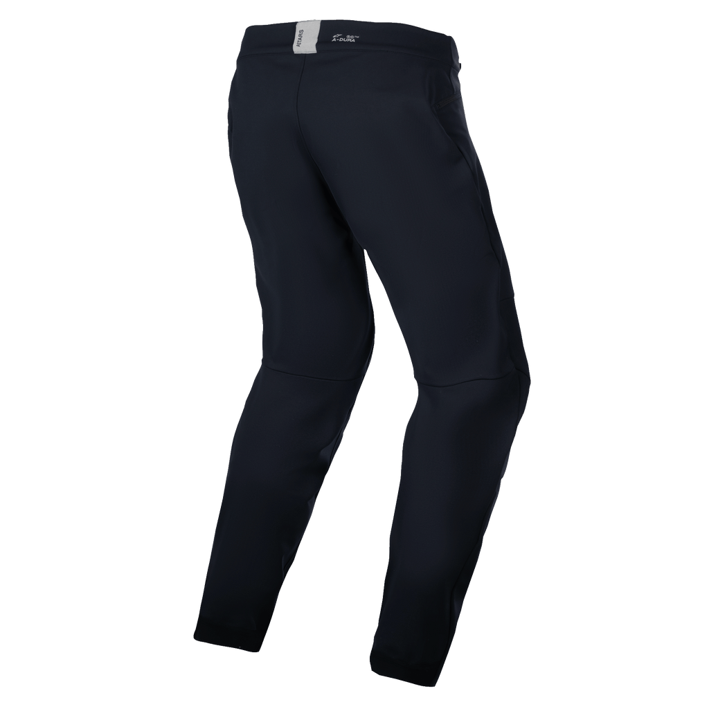 Alpinestars A-Dura Thermal Pant, pantaloni da mountain bike, nero, vista posteriore con design anatomico pre-curvato, piccolo logo ASTARS sulla fascia in vita posteriore, stile minimalista per trail ed enduro