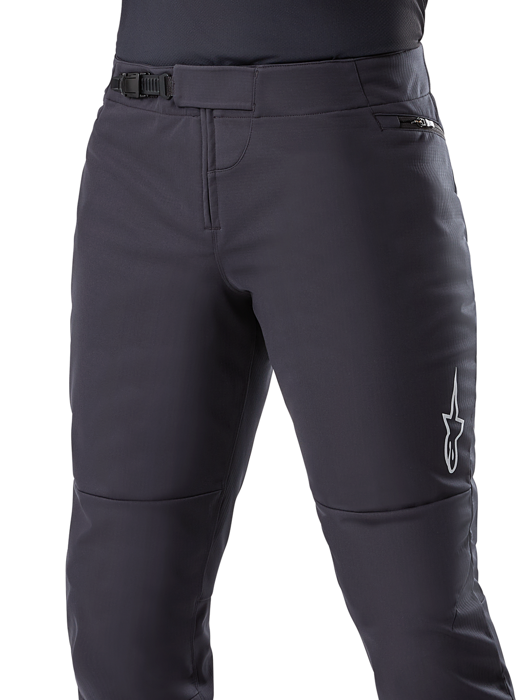 Pantaloni Termici Alpinestars A-Dura, pantaloni da MTB neri, con chiusura a cricchetto sicura in vita e tasca laterale con cerniera, logo a stella bianco sul lato, forma pre-curvata per il comfort di guida, materiale termico resistente per il ciclismo in climi freddi