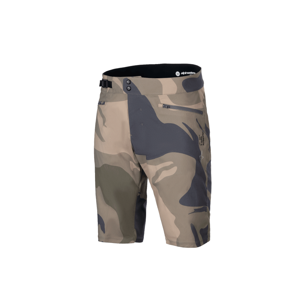 Pantaloncini Alpinestars A-Dura Camo Liner, pantaloncini MTB da uomo, camouflage e marrone, tessuto elasticizzato con tasche con zip e regolazione laterale