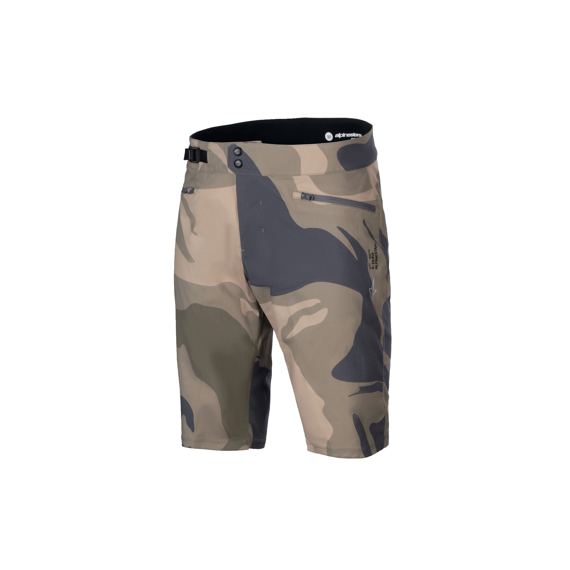 Pantaloncini Alpinestars A-Dura Camo Liner, pantaloncini MTB da uomo, camouflage e marrone, tessuto elasticizzato con tasche con zip e regolazione laterale