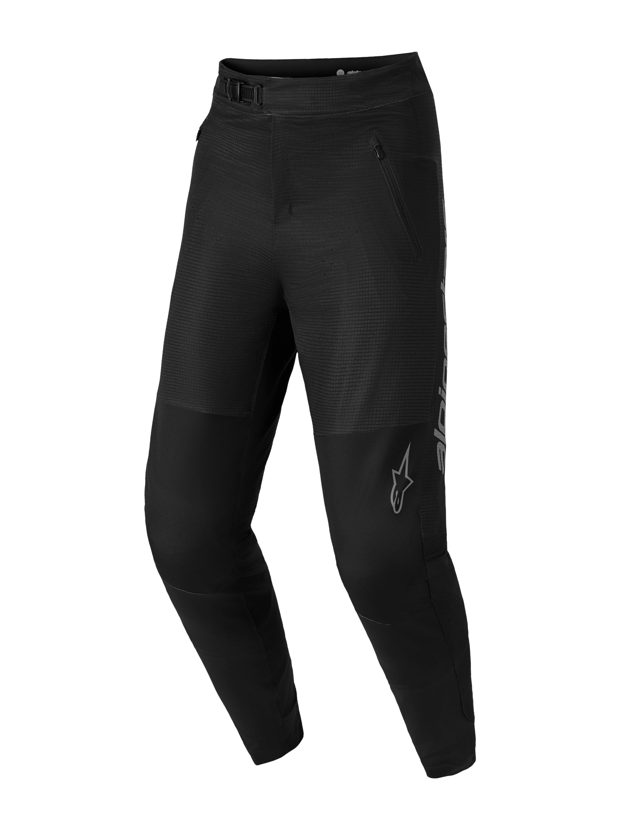 Pantaloni MTB A-Dura Elite Flex neri, tessuto elasticizzato a 4 vie, chiusura a cricchetto e loghi Alpinestars grigi.