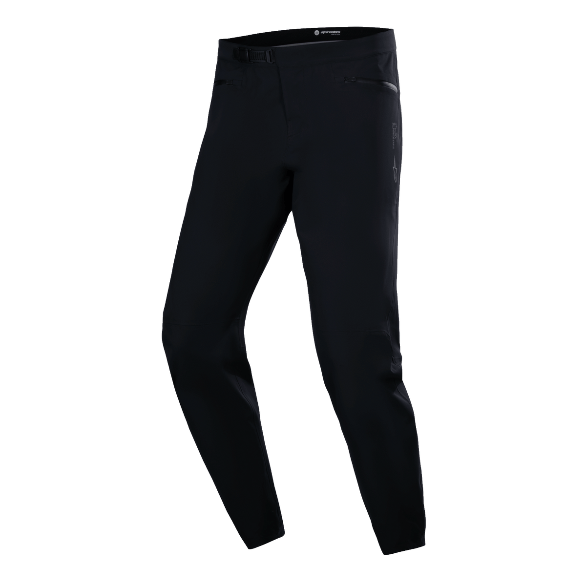 Pantaloni impermeabili Alpinestars A-Dura, pantaloni da ciclismo MTB, nero, design tecnico slim-fit con tasche laterali con cerniera e chiusura a cricchetto in vita, tessuto impermeabile liscio, abbigliamento performance minimalista per mountain bike