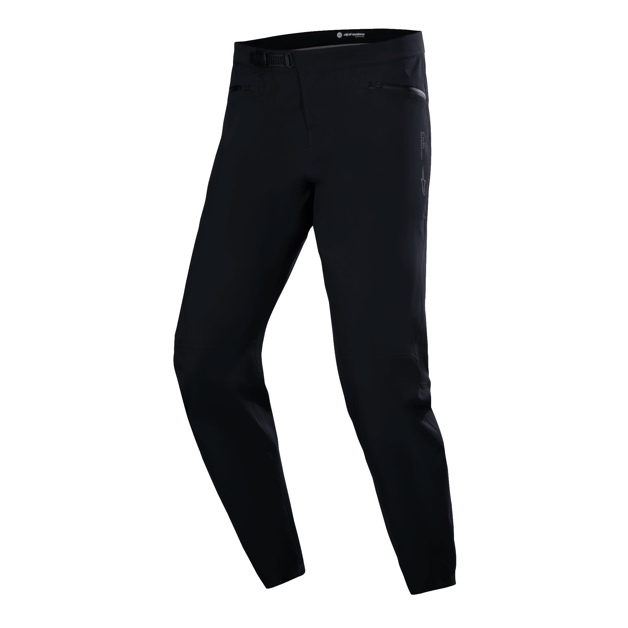 Pantaloni impermeabili Alpinestars A-Dura, pantaloni da ciclismo MTB, nero, design tecnico slim-fit con tasche laterali con cerniera e chiusura a cricchetto in vita, tessuto impermeabile liscio, abbigliamento performance minimalista per mountain bike