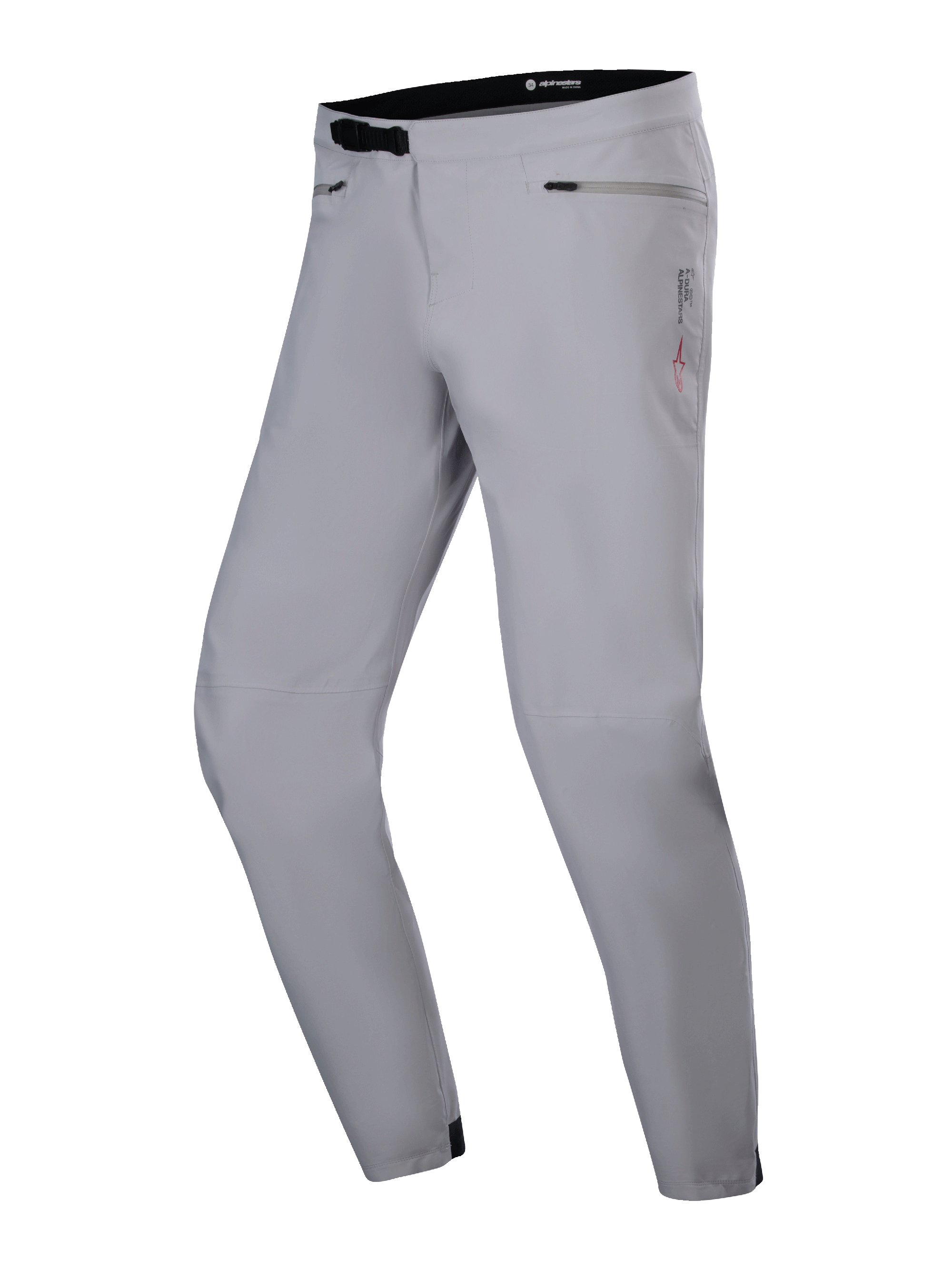 Alpinestars A-Dura Waterproof Pants, pantaloni da MTB, grigio titanio, con chiusura a cricchetto nera in vita, tasche con cerniera e gamba affusolata, design impermeabile e resistente per la mountain bike.