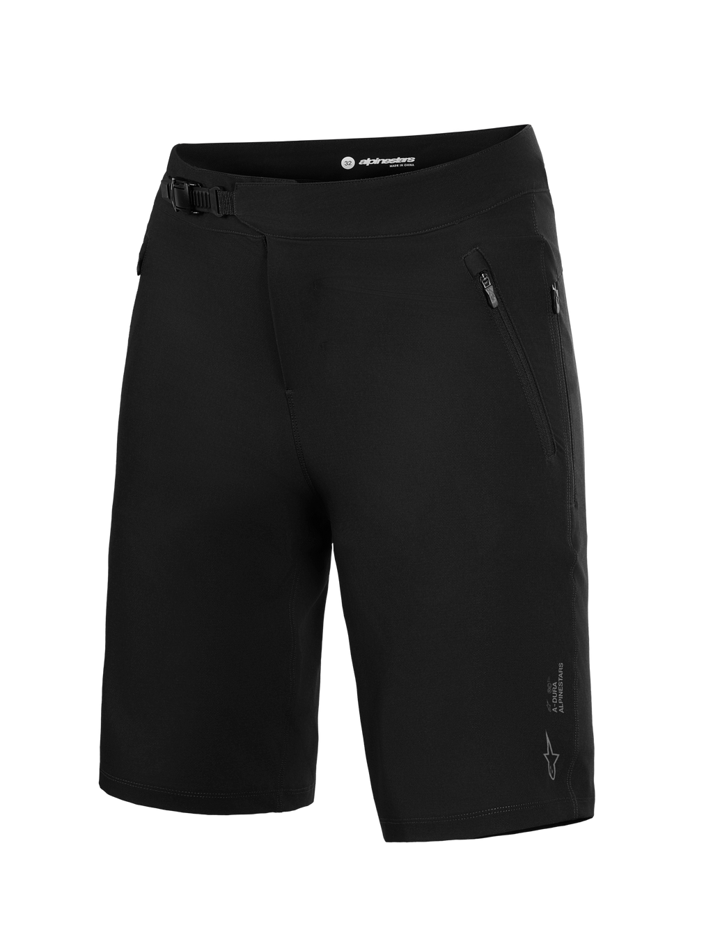 Pantaloncini MTB Alpinestars A-Dura Ride neri con chiusura a cricchetto e tasche con zip per performance trail.