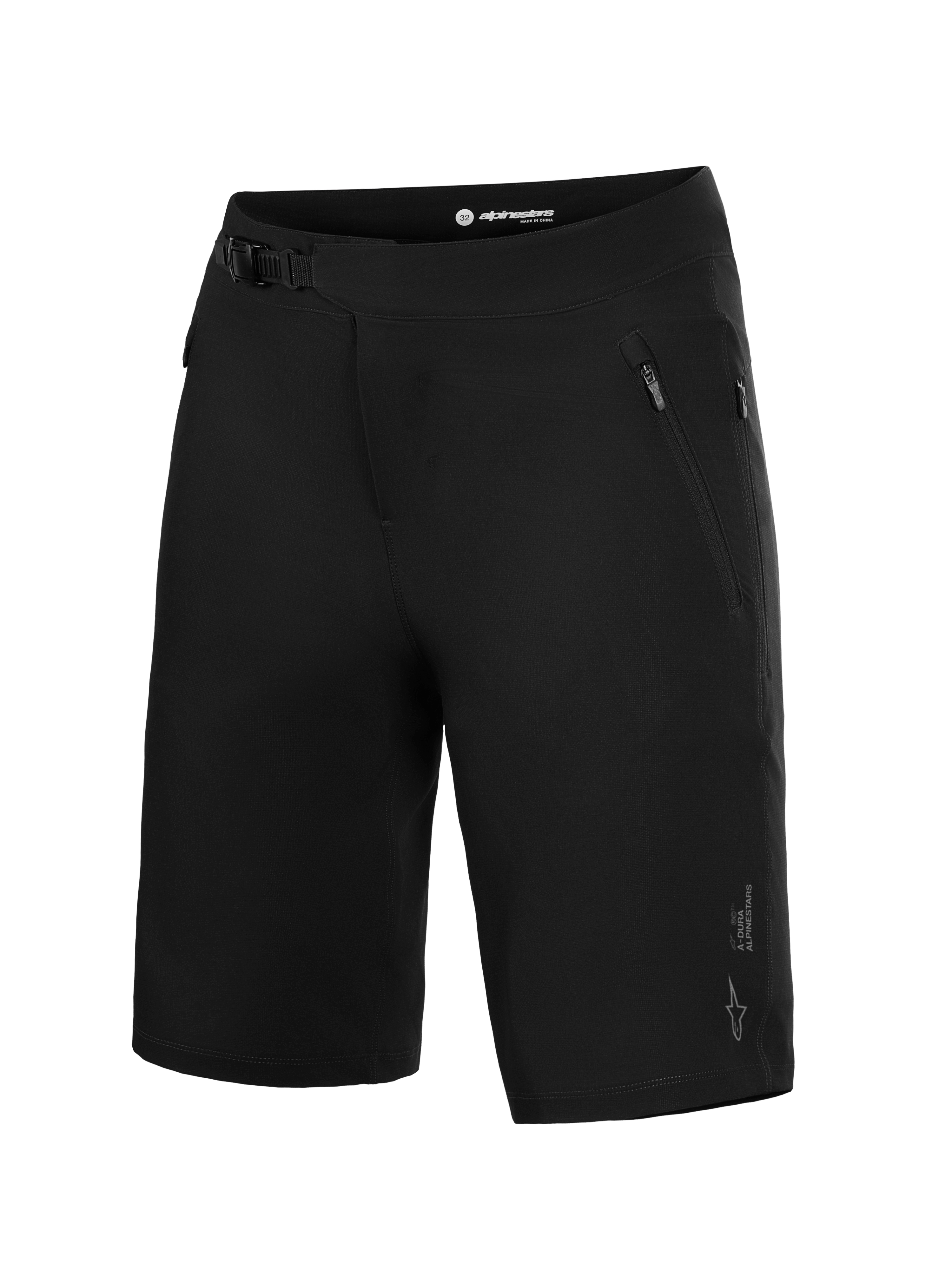 Pantaloncini MTB Alpinestars A-Dura Ride neri con chiusura a cricchetto e tasche con zip per performance trail.