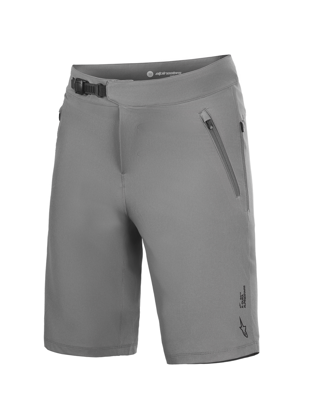 Pantaloncini MTB Alpinestars A-Dura Ride grigi, tessuto elasticizzato con chiusura a cricchetto e tasche con zip.