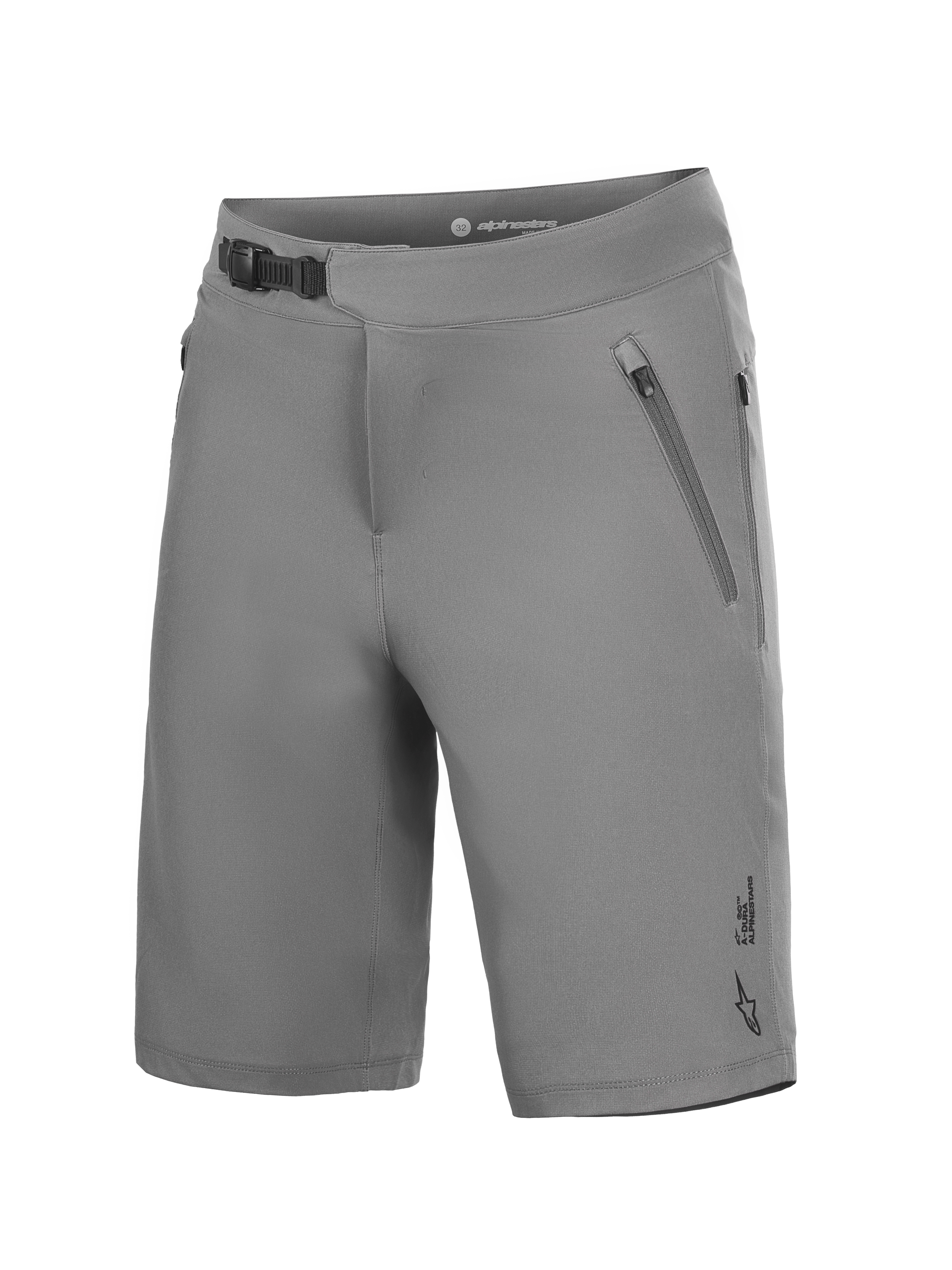 Pantaloncini MTB Alpinestars A-Dura Ride grigi, tessuto elasticizzato con chiusura a cricchetto e tasche con zip.