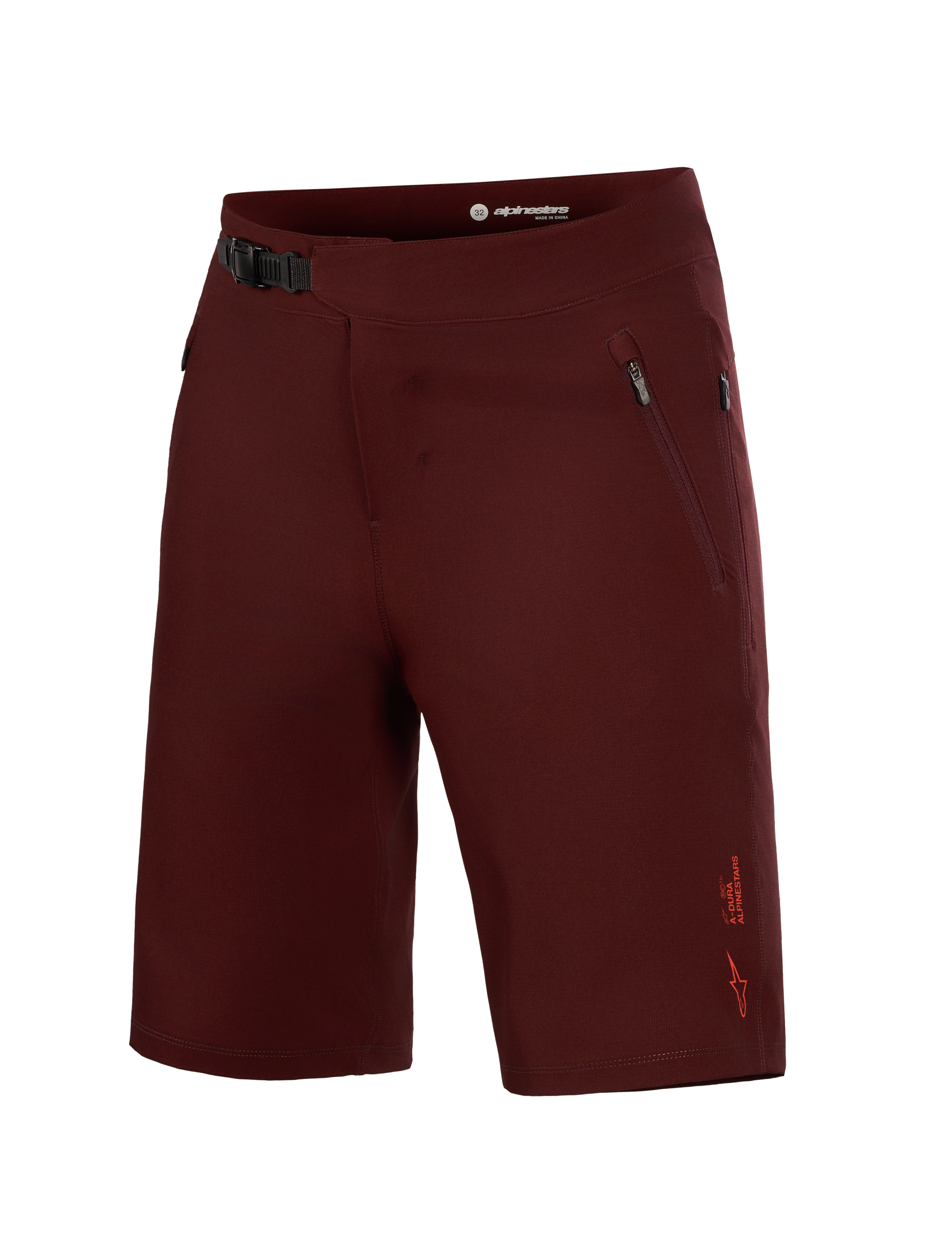 Pantaloncini A-Dura Ride bordeaux, capo MTB elasticizzato con chiusura a cricchetto frontale e tasche laterali con zip.