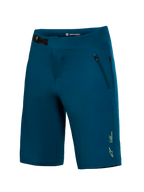 Pantaloncini MTB A-Dura Ride blu verde con sistema di chiusura a cricchetto e piccolo logo Alpinestars giallo.