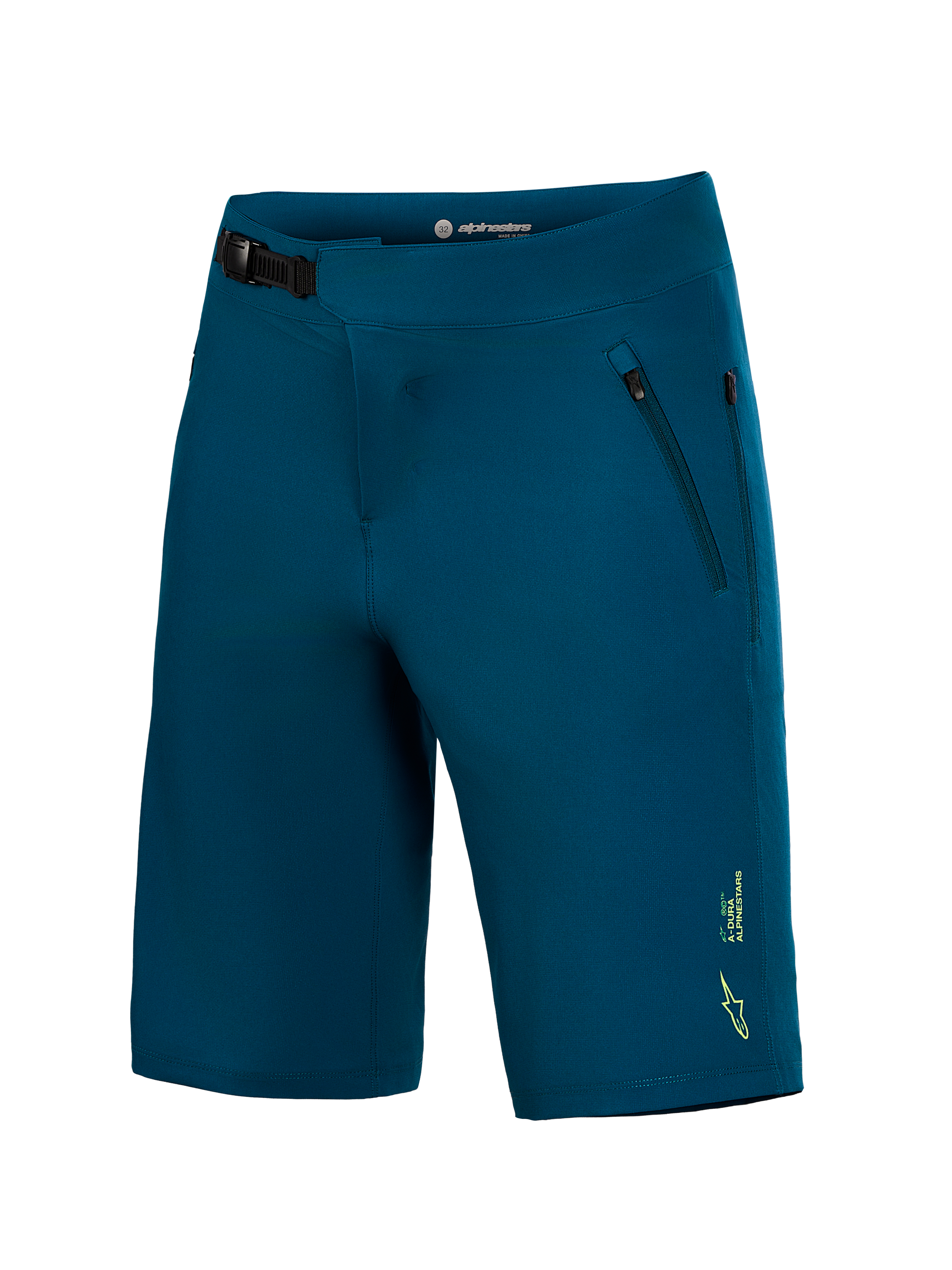 Pantaloncini MTB A-Dura Ride blu verde con sistema di chiusura a cricchetto e piccolo logo Alpinestars giallo.