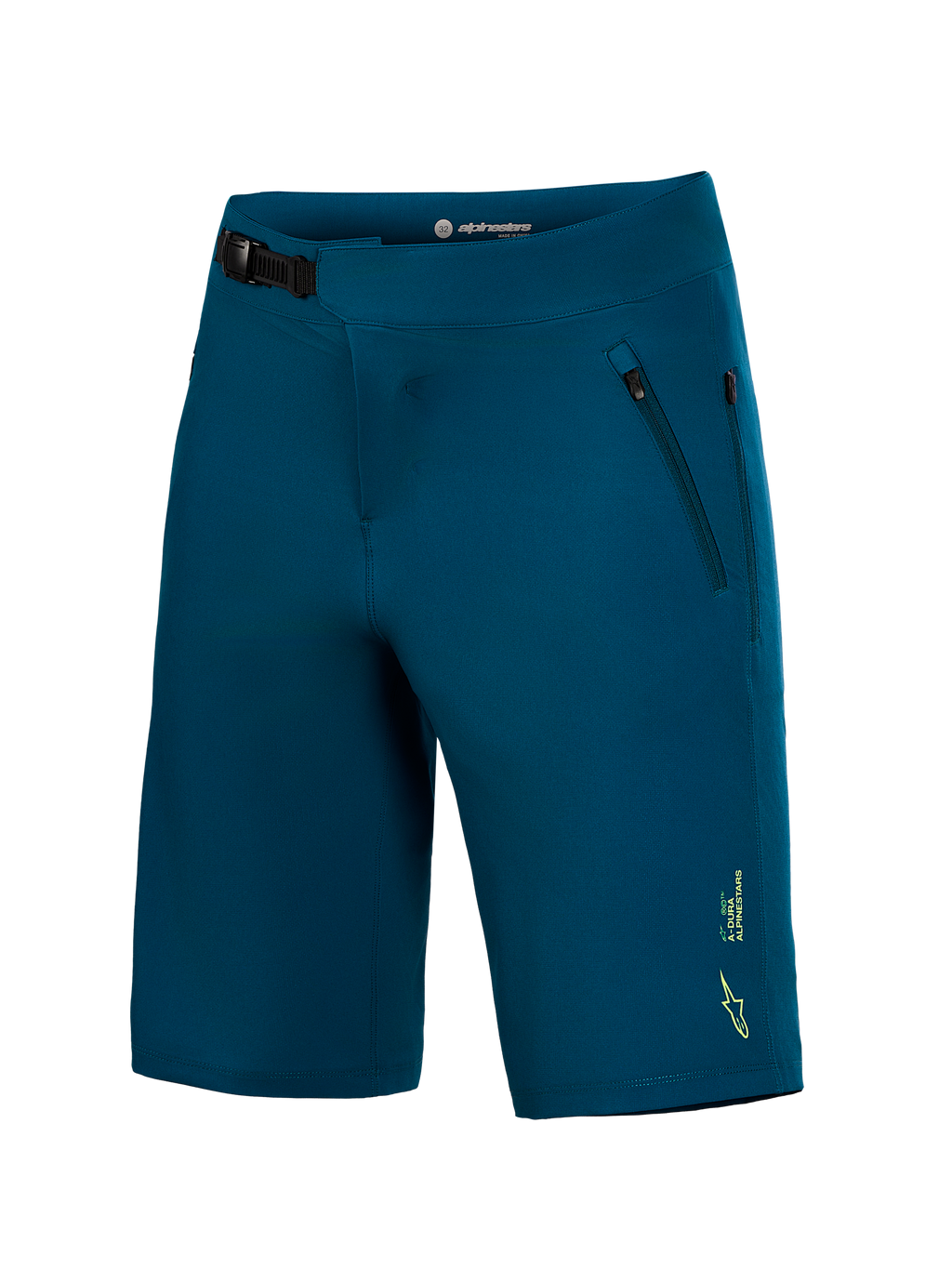 Pantaloncini A-Dura Ride blu-verde, chiusura a cricchetto e tasche con zip per prestazioni MTB resistenti.