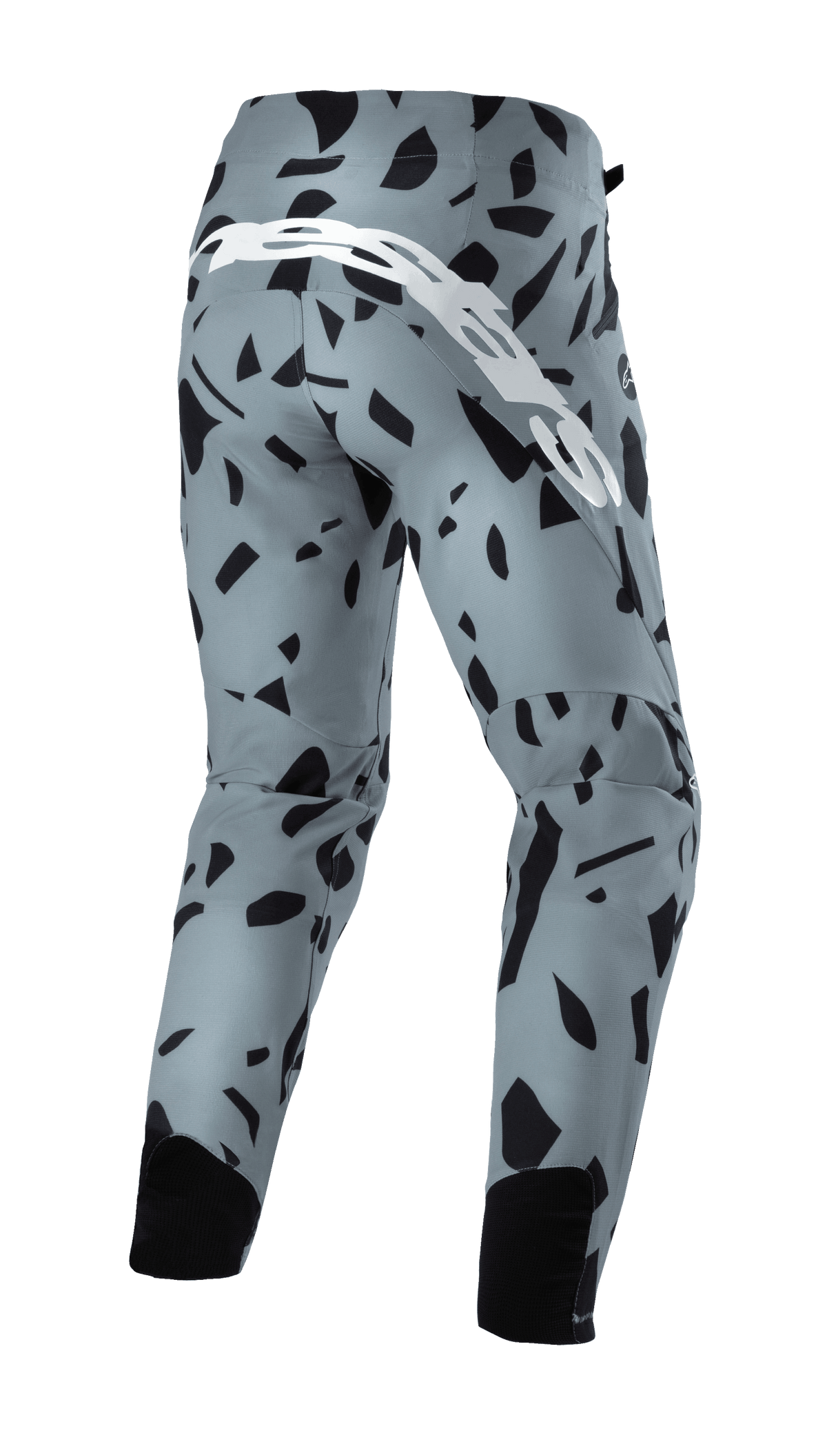Alpinestars Techstar Envision Pants, pantaloni da mountain bike, blu cenere con motivo geometrico astratto nero, vista posteriore con grande logo bianco e pannelli in rete neri sul polpaccio, abbigliamento da ciclismo fuoristrada resistente