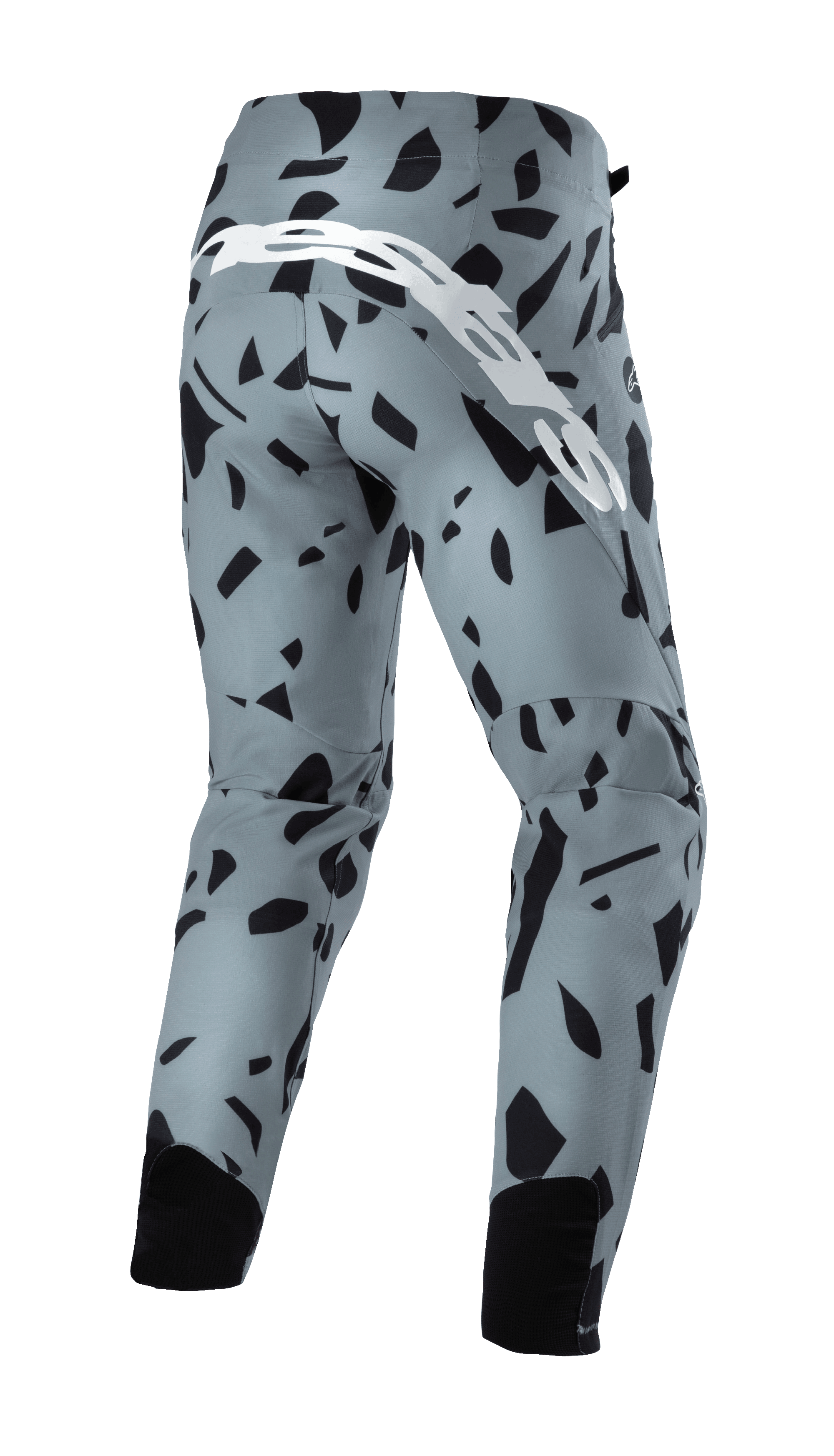 Alpinestars Techstar Envision Pants, pantaloni da mountain bike, blu cenere con motivo geometrico astratto nero, vista posteriore con grande logo bianco e pannelli in rete neri sul polpaccio, abbigliamento da ciclismo fuoristrada resistente
