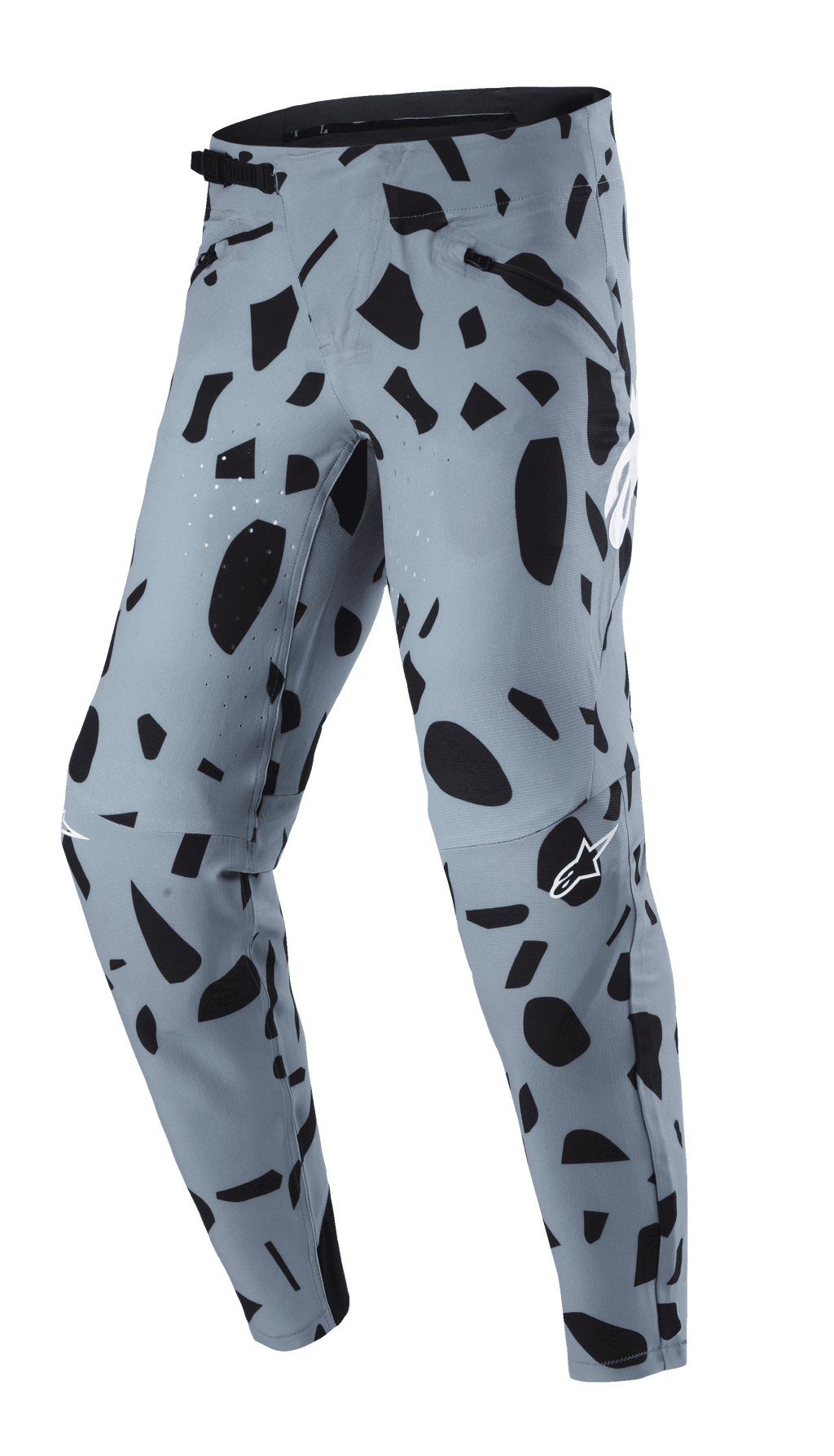 Alpinestars Techstar Envision Pants, pantaloni MTB, Ash Blue con motivo astratto nero, dotati di chiusura a cricchetto in vita e tasche con cerniera, ventilazione perforata al laser per la traspirabilità, progettati per la mountain bike