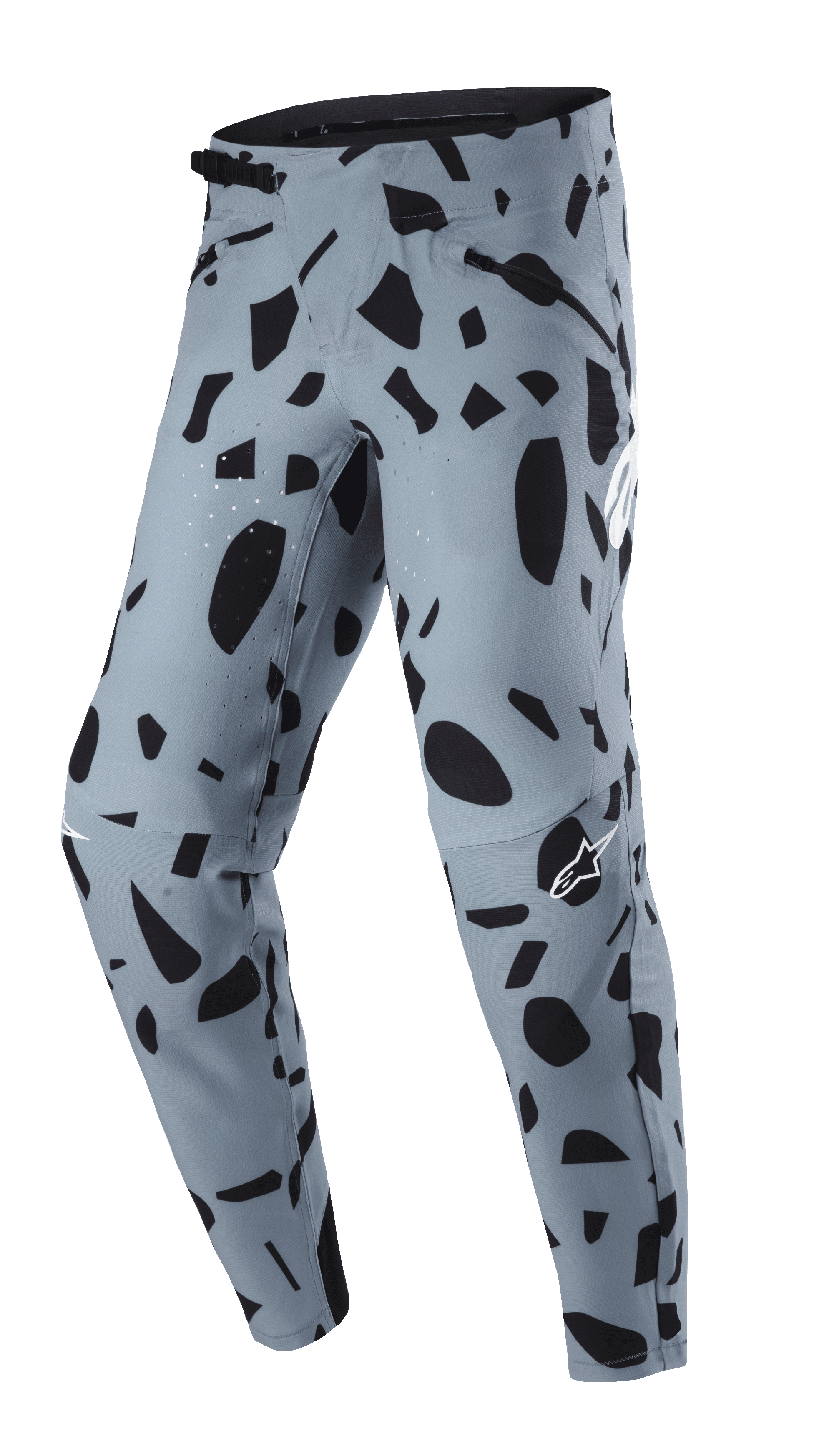 Alpinestars Techstar Envision Pants, pantaloni MTB, Ash Blue con motivo astratto nero, dotati di chiusura a cricchetto in vita e tasche con cerniera, ventilazione perforata al laser per la traspirabilità, progettati per la mountain bike