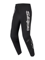 Pantaloni A-Supra Elite, abbigliamento MTB nero con grande scritta Astars grigia e tessuto stretch resistente.
