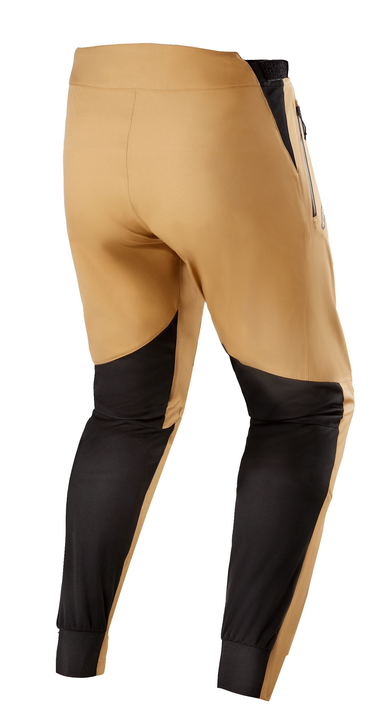 Alpinestars Tahoe 8.1 Waterproof Pants, pantaloni MTB impermeabili, cachi e nero, vista posteriore con pannelli rinforzati neri sui polpacci, linguette di regolazione in vita e zip impermeabili per la guida su trail in condizioni di bagnato