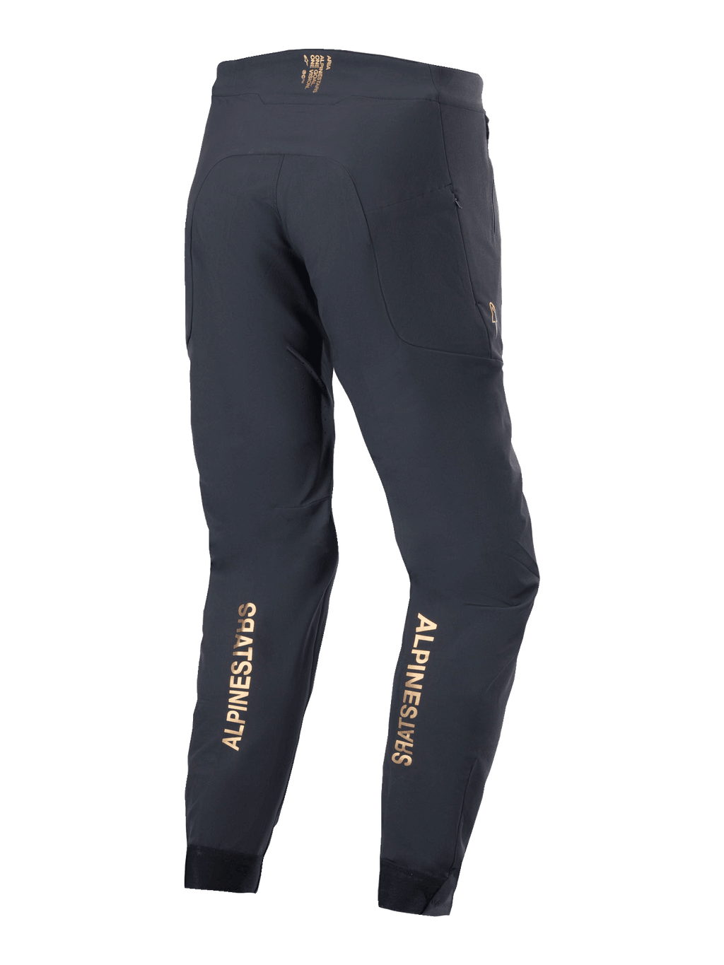 Alpinestars A-Aria Elite Pants, pantaloni da mountain bike, nero, vista posteriore con loghi verticali color oro sulla parte inferiore delle gambe, vestibilità performante con fascia in vita assorbente e tasche con zip, progettati per il ciclismo fuoristrada.