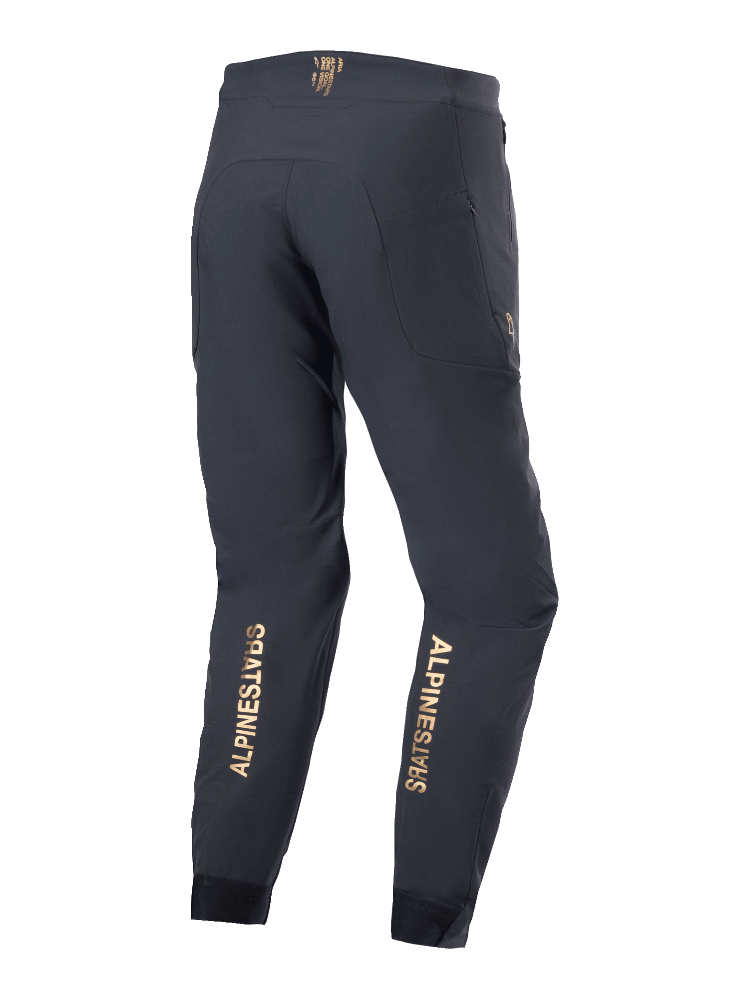 Alpinestars A-Aria Elite Pants, pantaloni da mountain bike, nero, vista posteriore con loghi verticali color oro sulla parte inferiore delle gambe, vestibilità performante con fascia in vita assorbente e tasche con zip, progettati per il ciclismo fuoristrada.