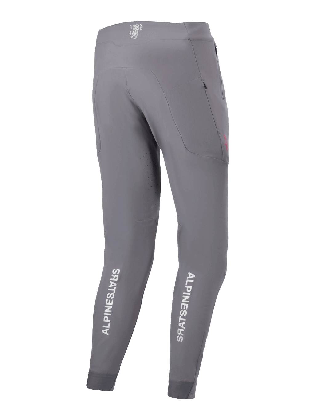 Alpinestars A-Aria Elite Pants, pantaloni da ciclismo MTB, grigio scuro, vista posteriore con branding Alpinestars bianco verticale sui polpacci, tessuto elasticizzato performante con perforazioni laser e tasca con zip