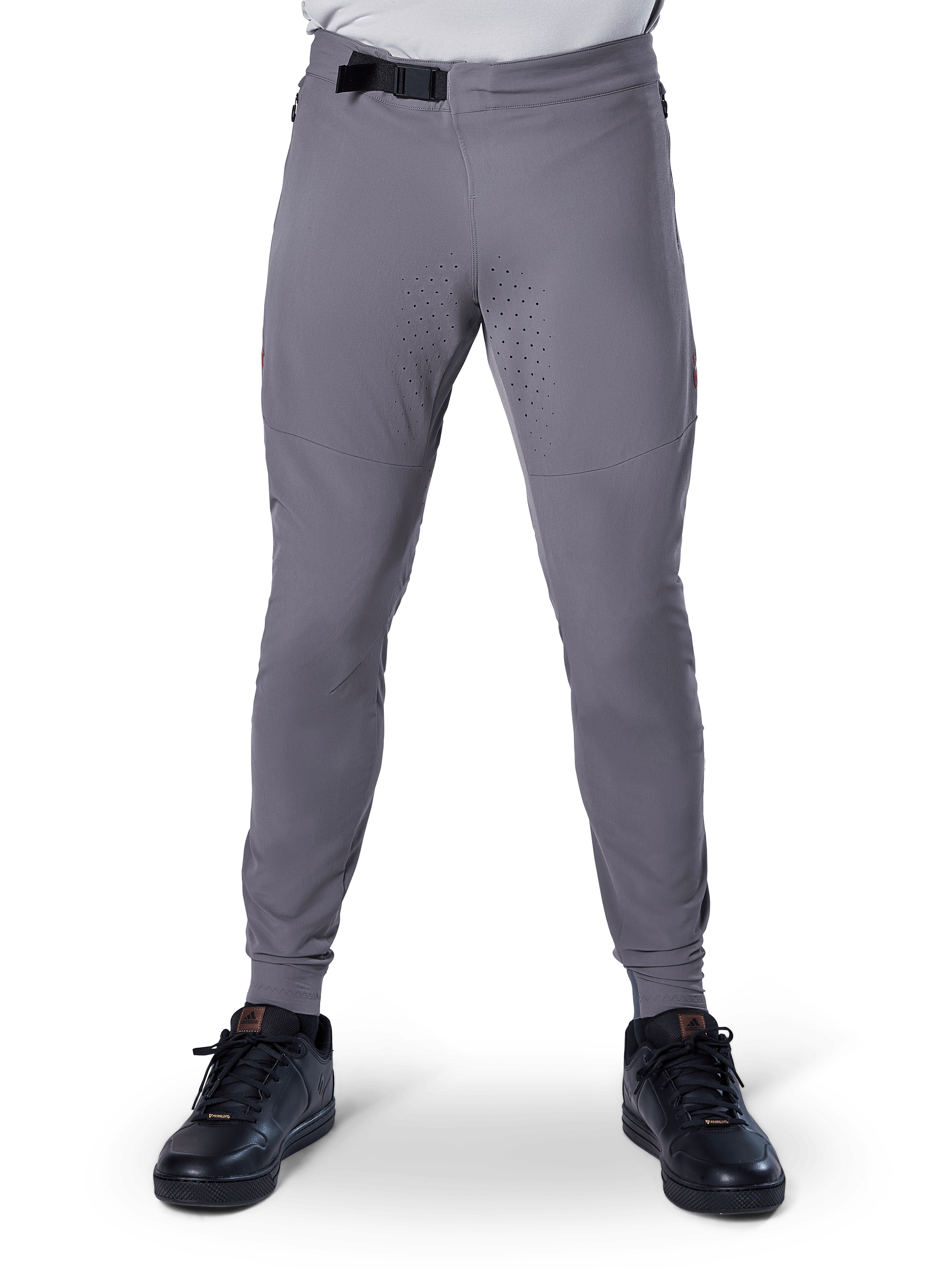 Alpinestars A-Aria Elite Pants, pantaloni da mountain bike, grigio scuro, con perforazioni laser sull'interno coscia per la ventilazione e chiusura con fibbia magnetica in vita, vestibilità performante con gambe affusolate indossati con scarpe sportive nere