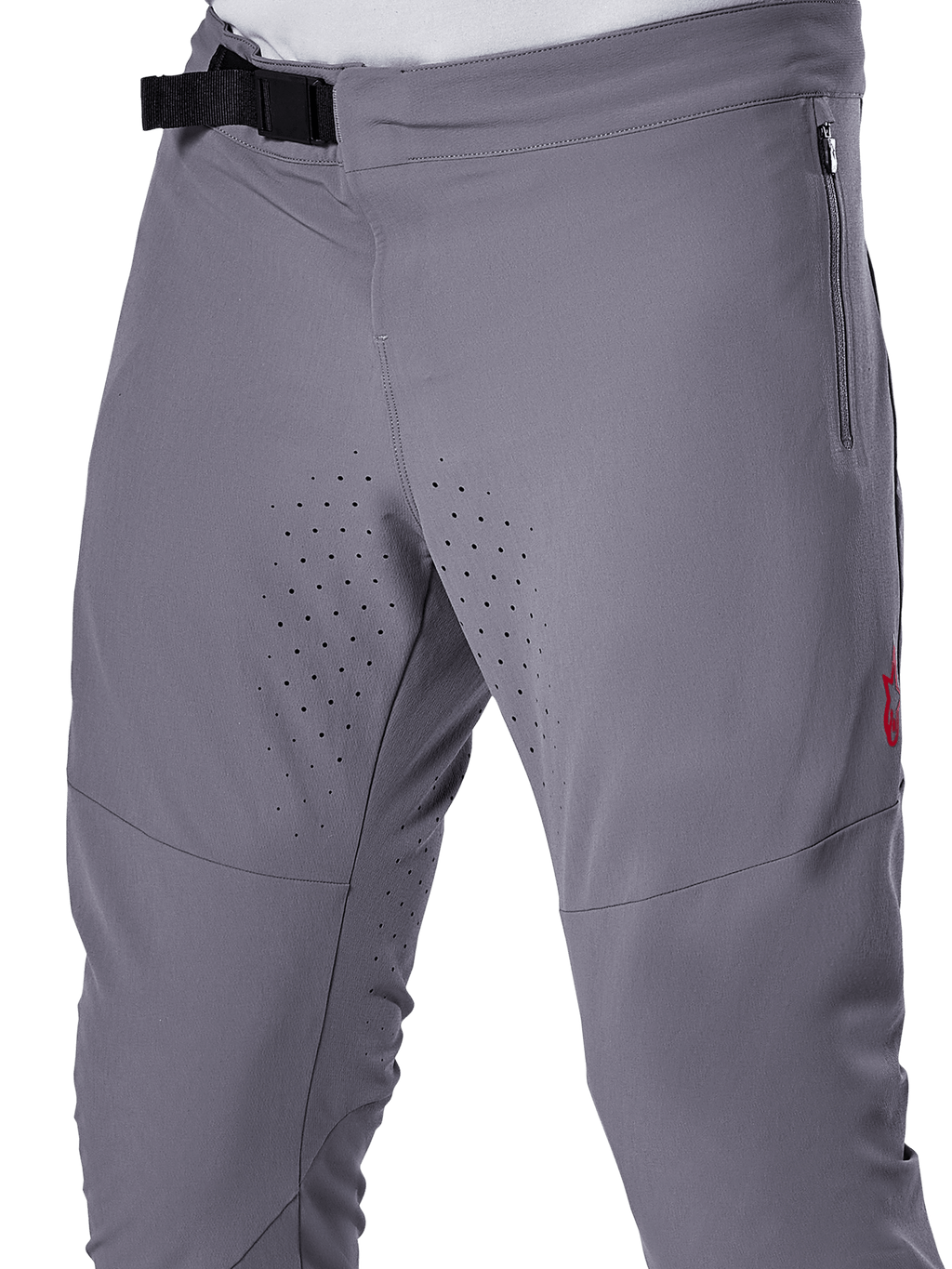 Pantaloni Alpinestars A-Aria Elite, pantaloni da ciclismo MTB, grigio scuro, vista ravvicinata con chiusura a fibbia magnetica, tasca laterale con zip e perforazioni laser per la ventilazione sull'interno coscia per prestazioni nel trail riding.