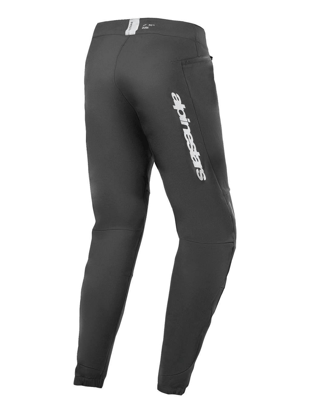 Pantaloni Alpinestars A-Dura Elite, pantaloni da mountain bike, nero, vista laterale posteriore con logo Alpinestars argento sulla coscia, tasca con zip e polsini elasticizzati, abbigliamento tecnico resistente per MTB