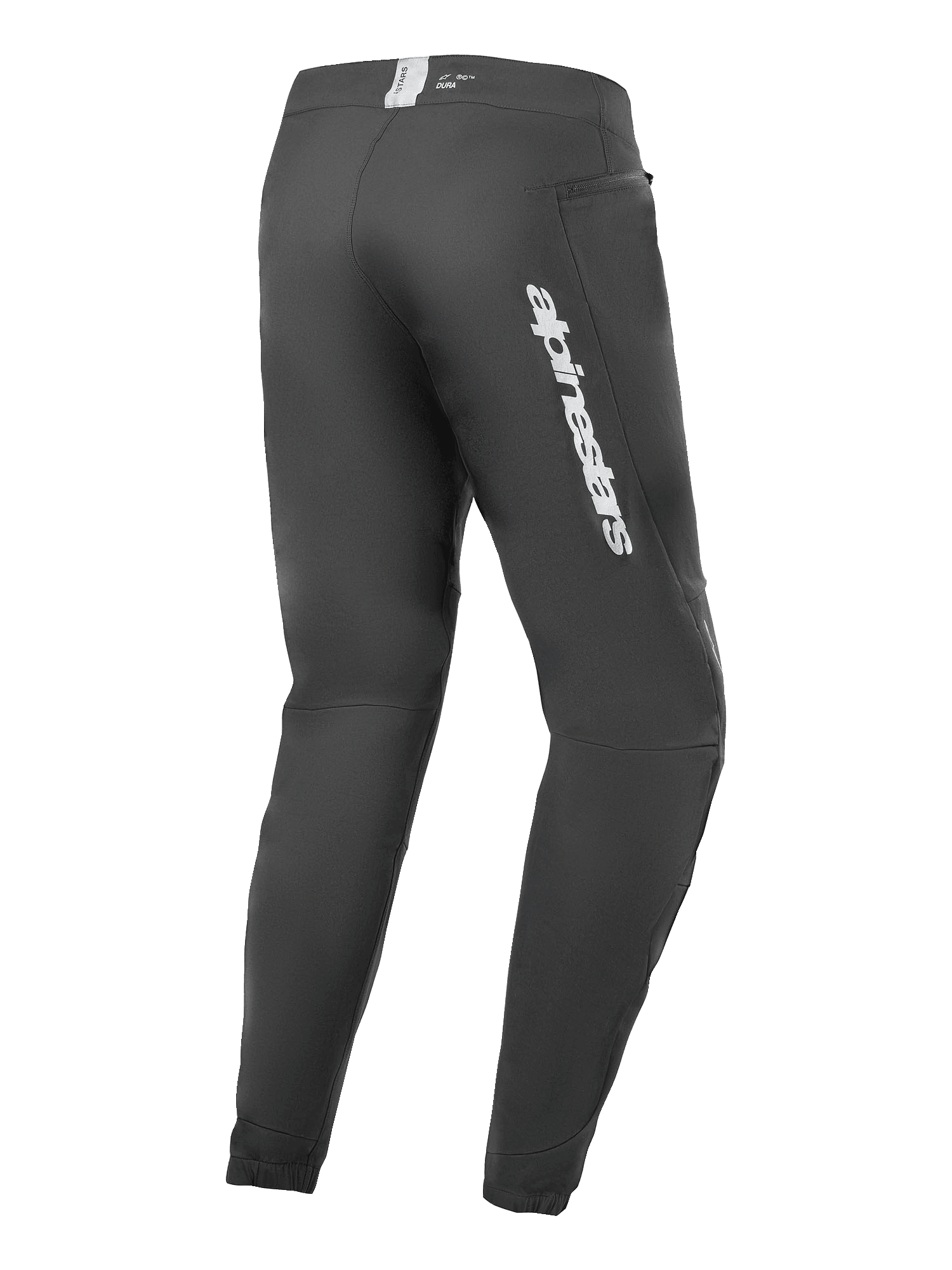 Pantaloni Alpinestars A-Dura Elite, pantaloni da mountain bike, nero, vista laterale posteriore con logo Alpinestars argento sulla coscia, tasca con zip e polsini elasticizzati, abbigliamento tecnico resistente per MTB
