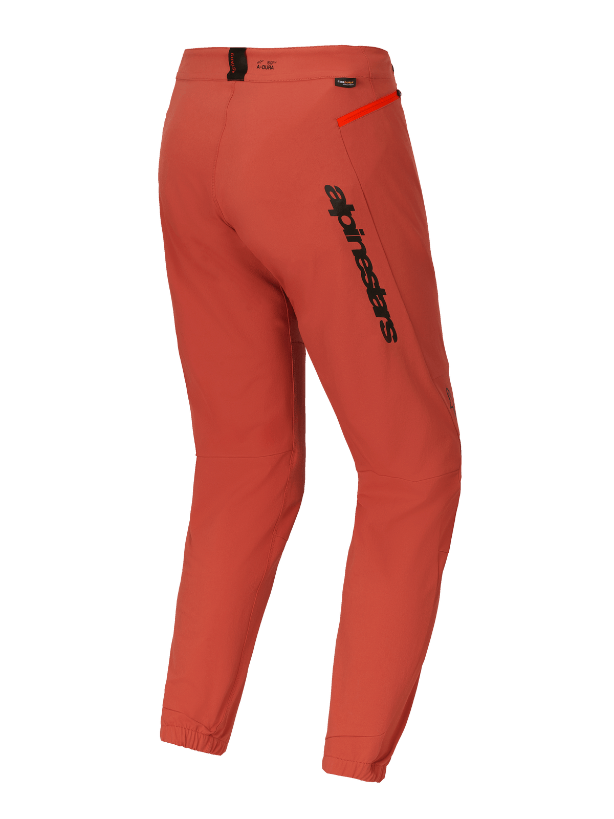 Pantaloni Alpinestars A-Dura Elite, pantaloni da mountain bike (MTB), arancione scuro, vista posteriore di tre quarti con logo Alpinestars nero sulla coscia, dettaglio cerniera arancione sul fianco e polsini elasticizzati, abbigliamento tecnico da ciclismo