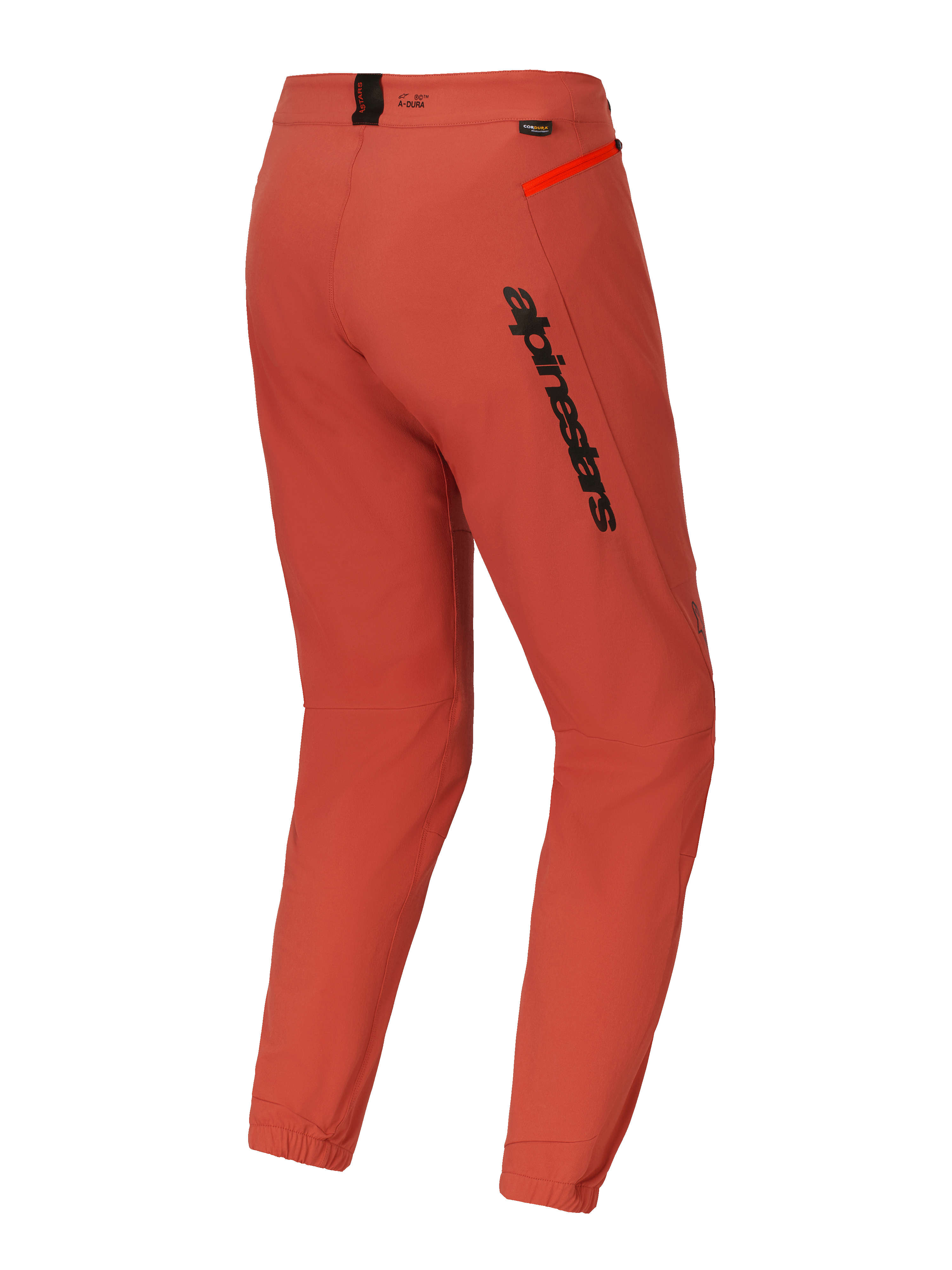 Pantaloni Alpinestars A-Dura Elite, pantaloni da mountain bike (MTB), arancione scuro, vista posteriore di tre quarti con logo Alpinestars nero sulla coscia, dettaglio cerniera arancione sul fianco e polsini elasticizzati, abbigliamento tecnico da ciclismo