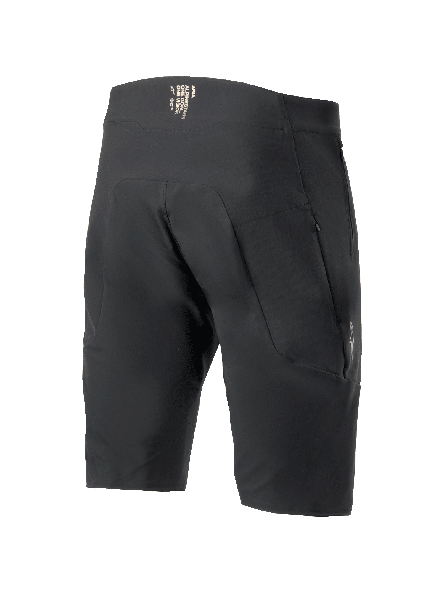 Alpinestars A-Aria Elite Shorts, pantaloncini da mountain bike, nero, vista posteriore con tasche con zip e branding sulla fascia in vita, vestibilità tecnica performante per il ciclismo fuoristrada