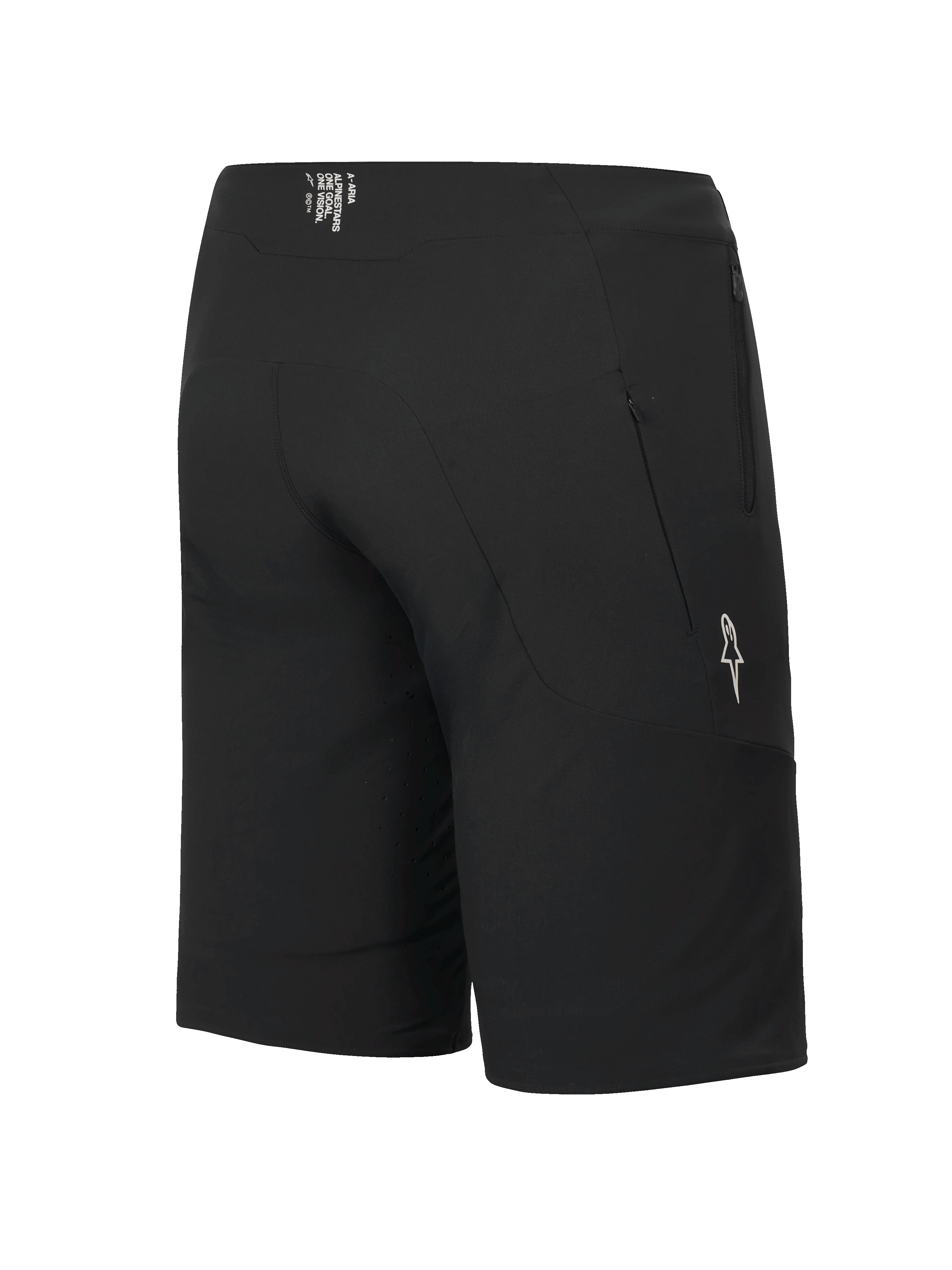 Alpinestars A-Aria Elite Shorts, pantaloncini MTB, Black Titanium, vista laterale posteriore con tasca con zip e logo a stella bianco, vestibilità performante per il ciclismo