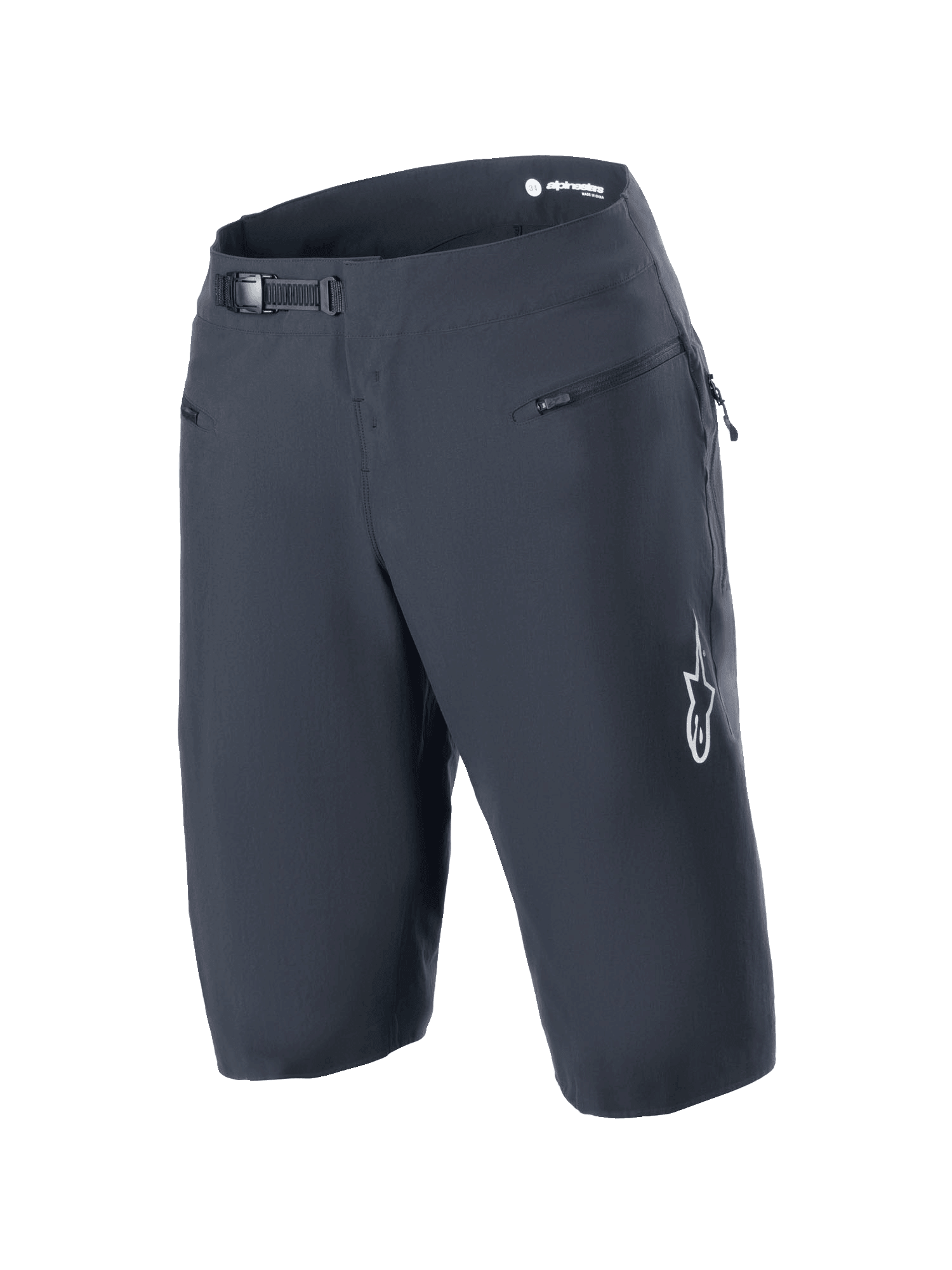 Alpinestars A-Aria Shorts, nero, pantaloncini da mountain bike con sistema di chiusura a cricchetto in vita e tasche anteriori con zip, logo Astars bianco sulla gamba, abbigliamento tecnico da ciclismo
