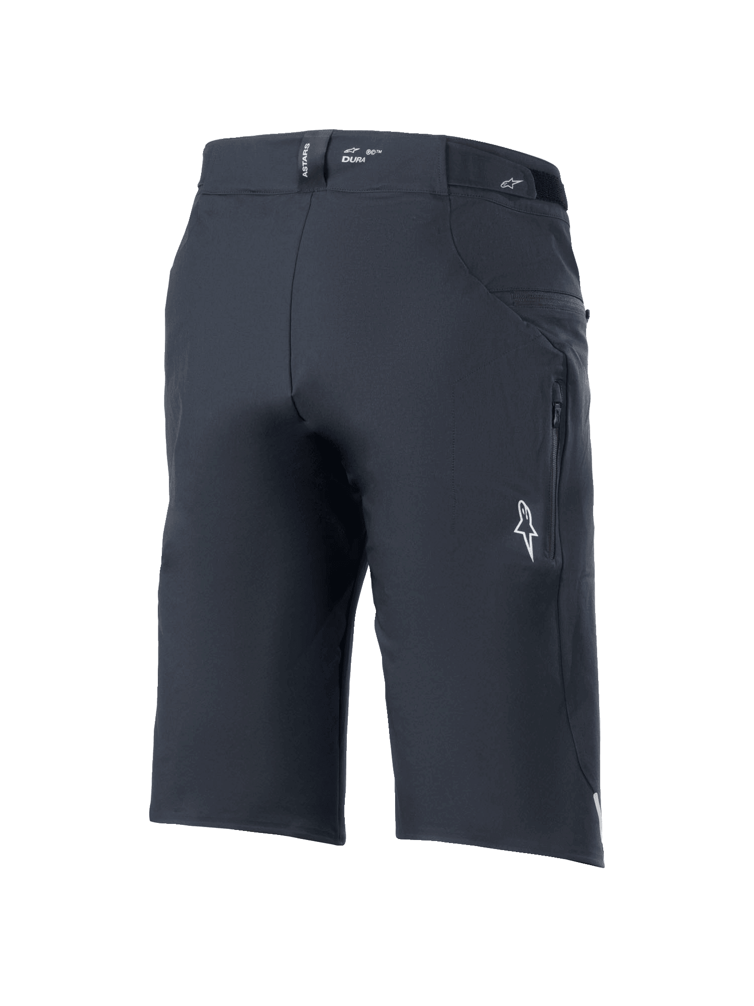 Pantaloncini Alpinestars A-Dura Elite, pantaloncini da mountain bike, nero, vista posteriore a tre quarti con tasca laterale con zip, logo Astars bianco e marchio "DURA" sulla fascia in vita, tessuto Cordura resistente elasticizzato in 4 direzioni per il ciclismo fuoristrada