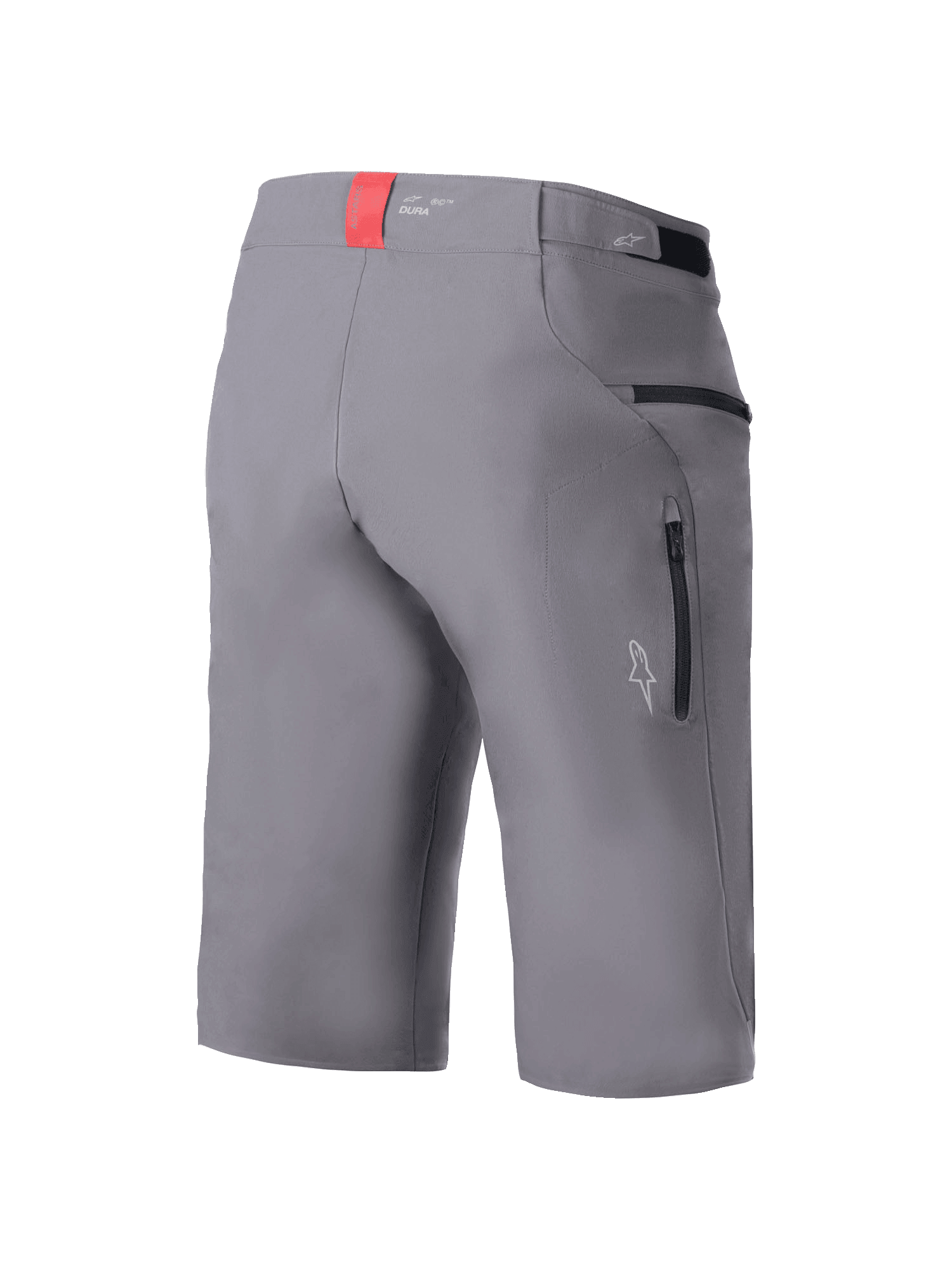 Alpinestars A-Dura Elite Shorts, pantaloncini da ciclismo MTB, grigio scuro, vista posteriore a tre quarti con tasche laterali con zip, regolatori in vita a gancio e asola e un dettaglio rosso sulla fascia in vita, resistente tessuto Cordura elasticizzato in 4 direzioni, vestibilità regolare per mountain bike