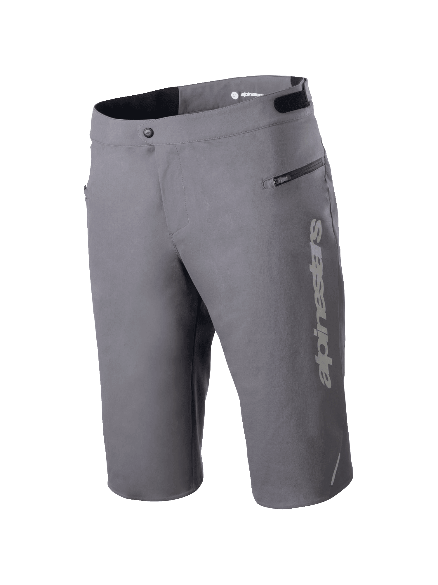 Alpinestars A-Dura Elite Shorts, pantaloncini da mountain bike, grigio scuro, con logo Alpinestars verticale sulla gamba, tasca laterale con cerniera, chiusura frontale a scatto e linguette regolabili in vita per il ciclismo fuoristrada.