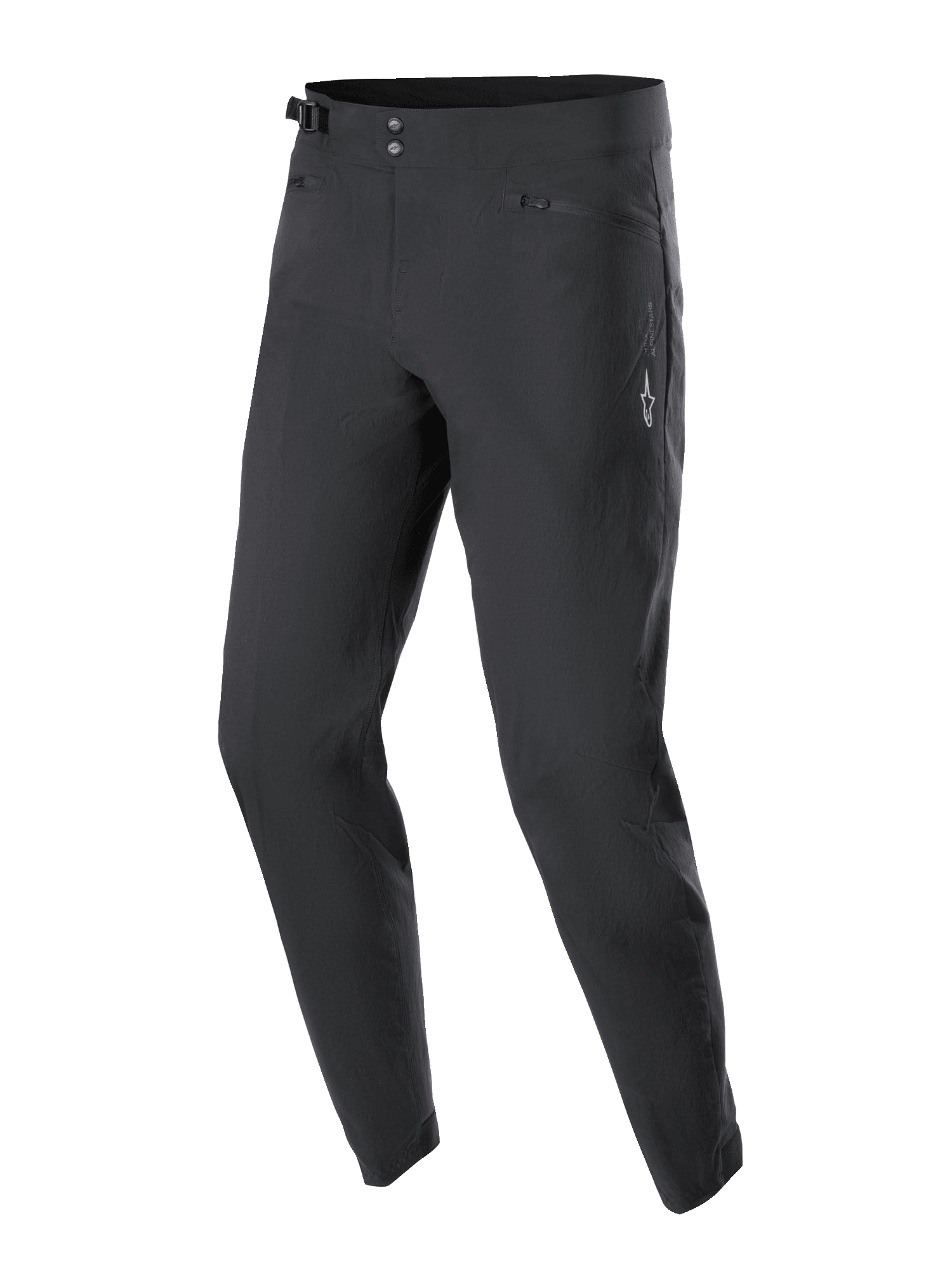 Alpinestars A-Dura Pants, pantaloni da ciclismo mountain bike, nero, con doppia chiusura a scatto in vita, regolatori laterali, tasche con zip foderate in rete e logo Astars bianco sulla coscia, design resistente per fuoristrada
