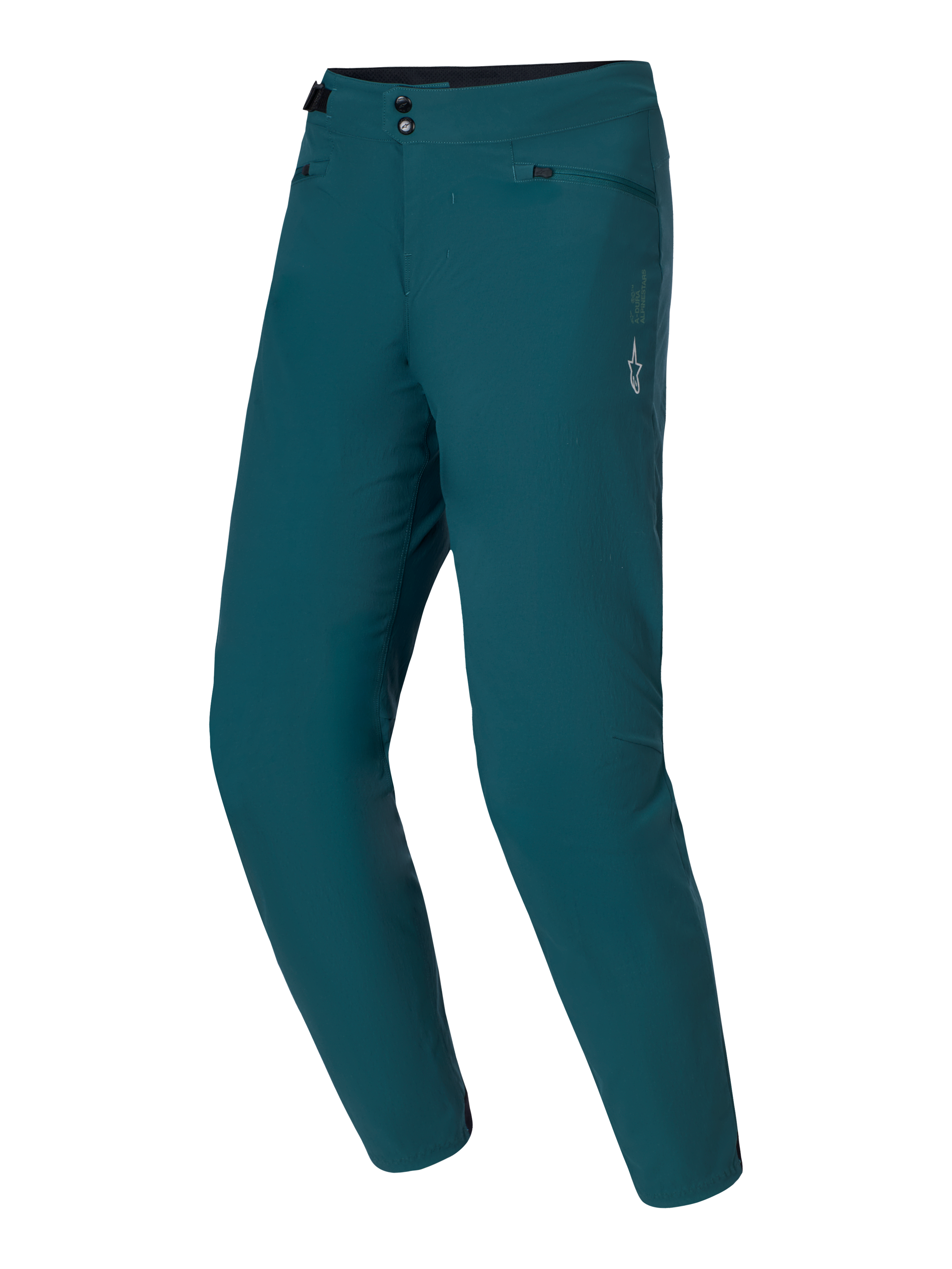 Alpinestars A-Dura Pants, pantaloni da mountain bike, verde Dark Pine, con doppia chiusura a scatto e regolatori laterali in vita, logo a stella bianco sulla coscia sinistra, tessuto elasticizzato bidirezionale resistente per il trail riding in MTB