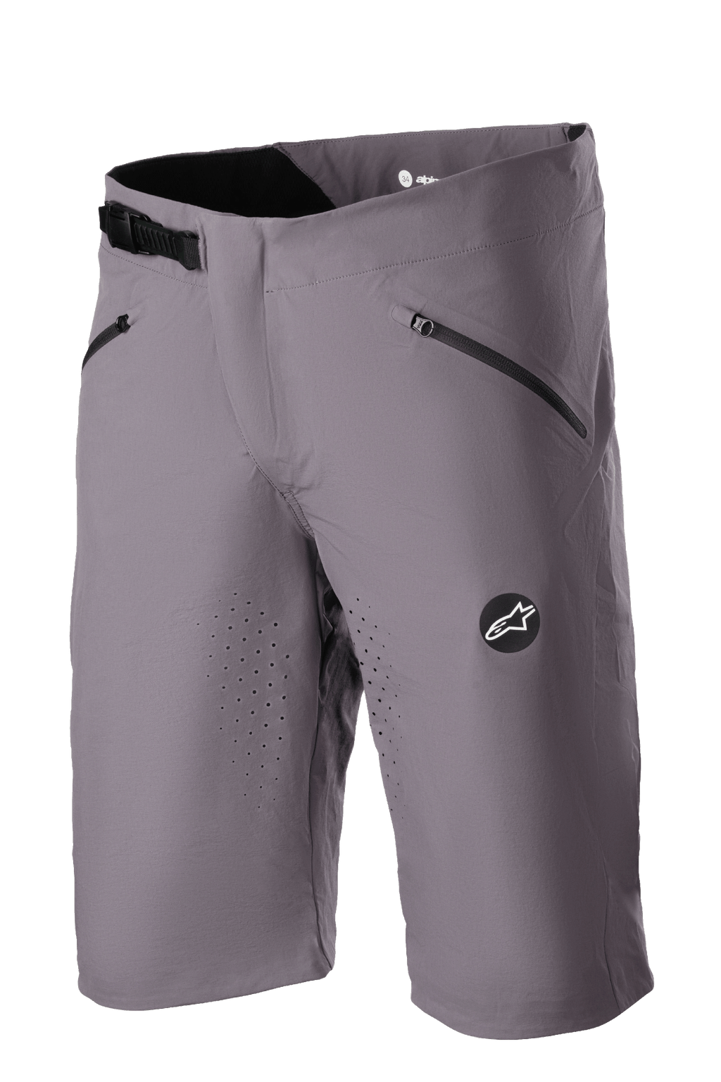 Alpinestars Drop Algorithm Shorts, pantaloncini da mountain bike, grigio Sparrow, ventilazione traforata al laser sulle cosce, due tasche nere con zip, fibbia a cricchetto regolabile in vita, patch con logo Alpinestars, tessuto tecnico elasticizzato leggero