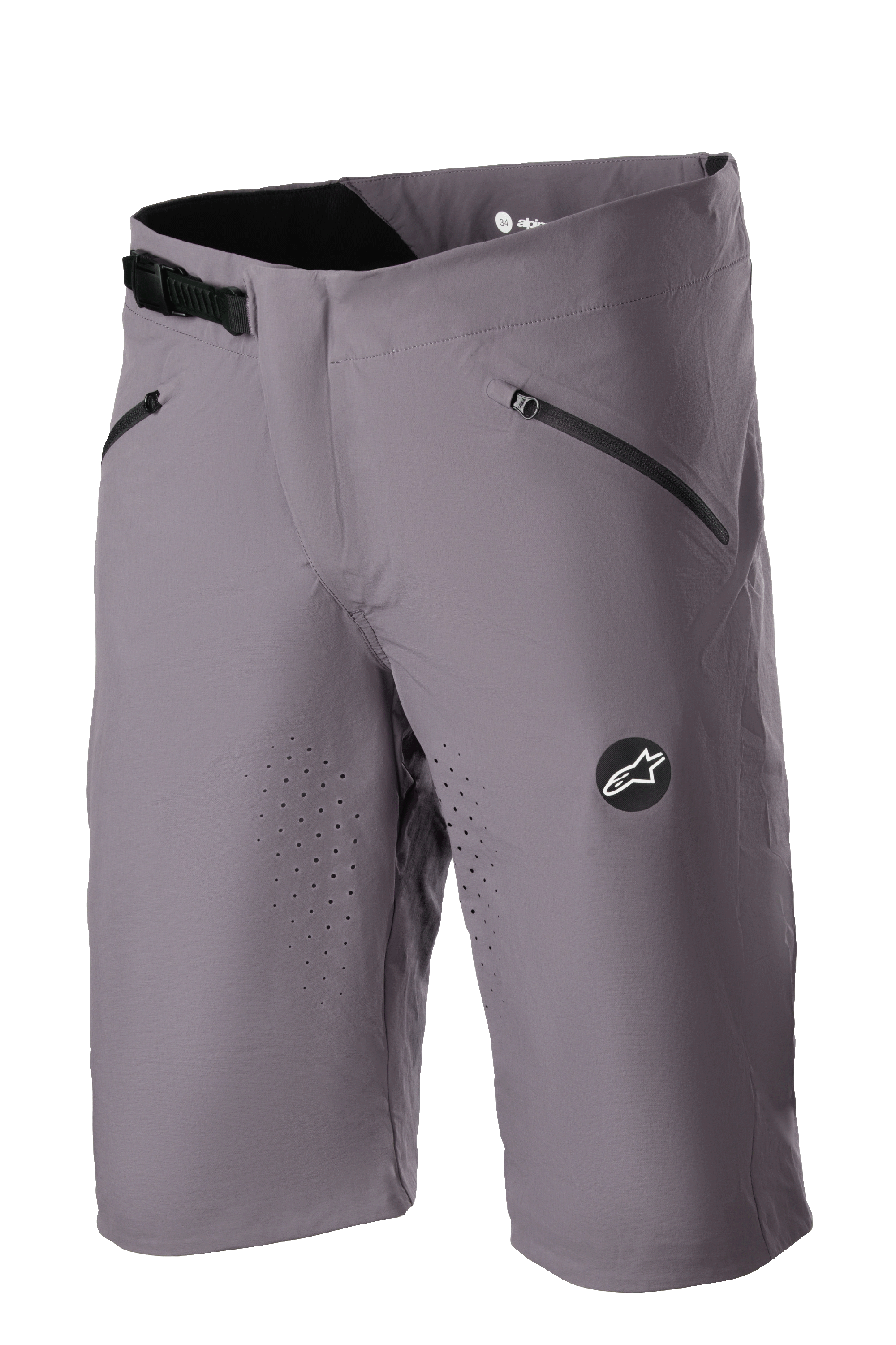 Alpinestars Drop Algorithm Shorts, pantaloncini da mountain bike, grigio Sparrow, ventilazione traforata al laser sulle cosce, due tasche nere con zip, fibbia a cricchetto regolabile in vita, patch con logo Alpinestars, tessuto tecnico elasticizzato leggero