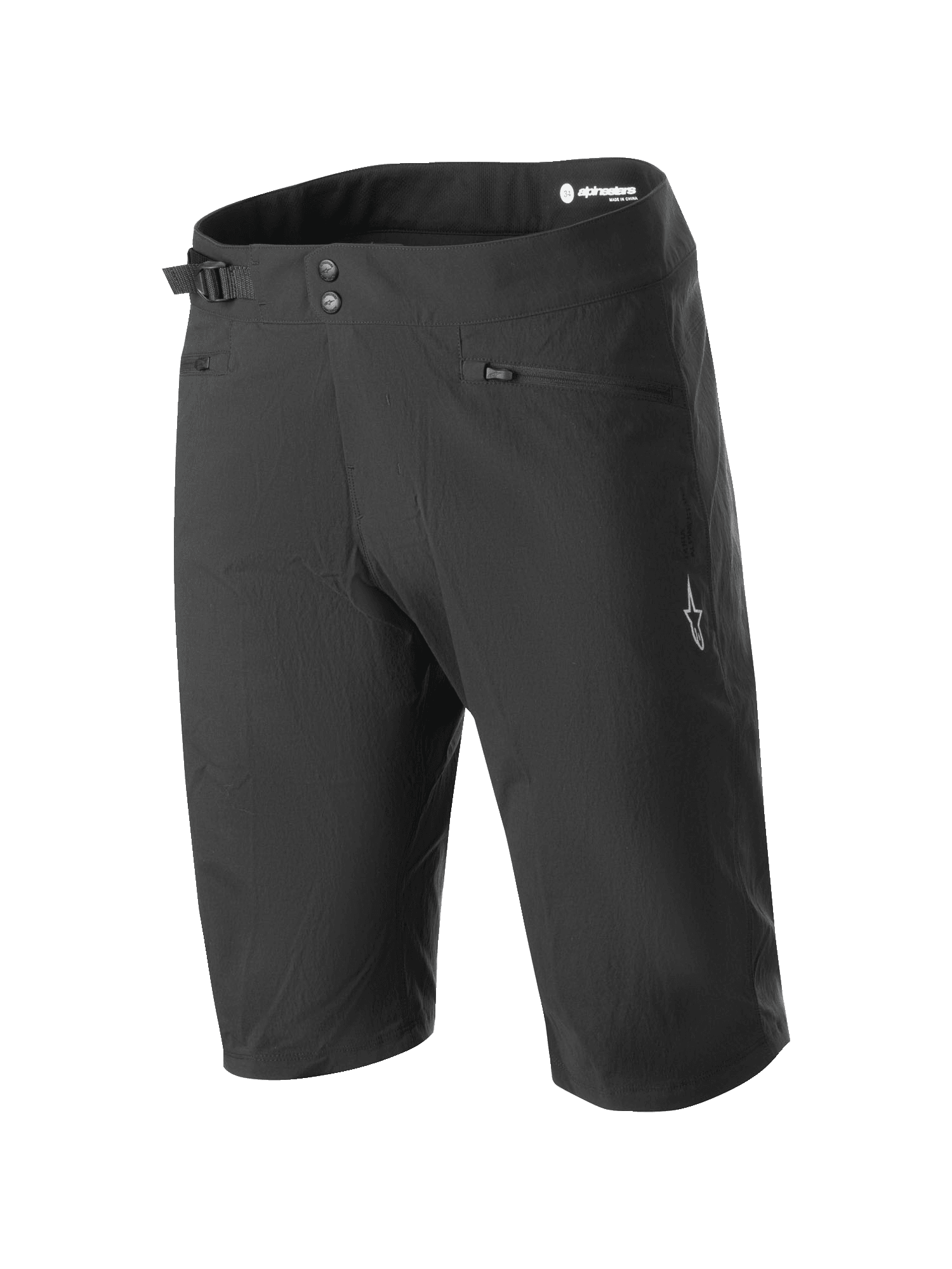 Alpinestars A-Dura Shorts, pantaloncini da mountain bike, nero, con doppia chiusura a scatto, regolatore laterale della vita, tasche con zip e logo bianco sulla gamba, resistente tessuto elasticizzato in 2 direzioni per il ciclismo fuoristrada