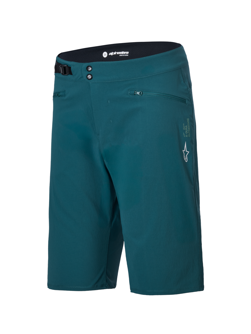 Pantaloncini Alpinestars A-Dura, pantaloncini da mountain bike, verde pino scuro, con tasche con zip, chiusura frontale a doppio scatto, regolatore laterale in vita e logo Alpinestars bianco sulla gamba sinistra, design resistente per il ciclismo MTB