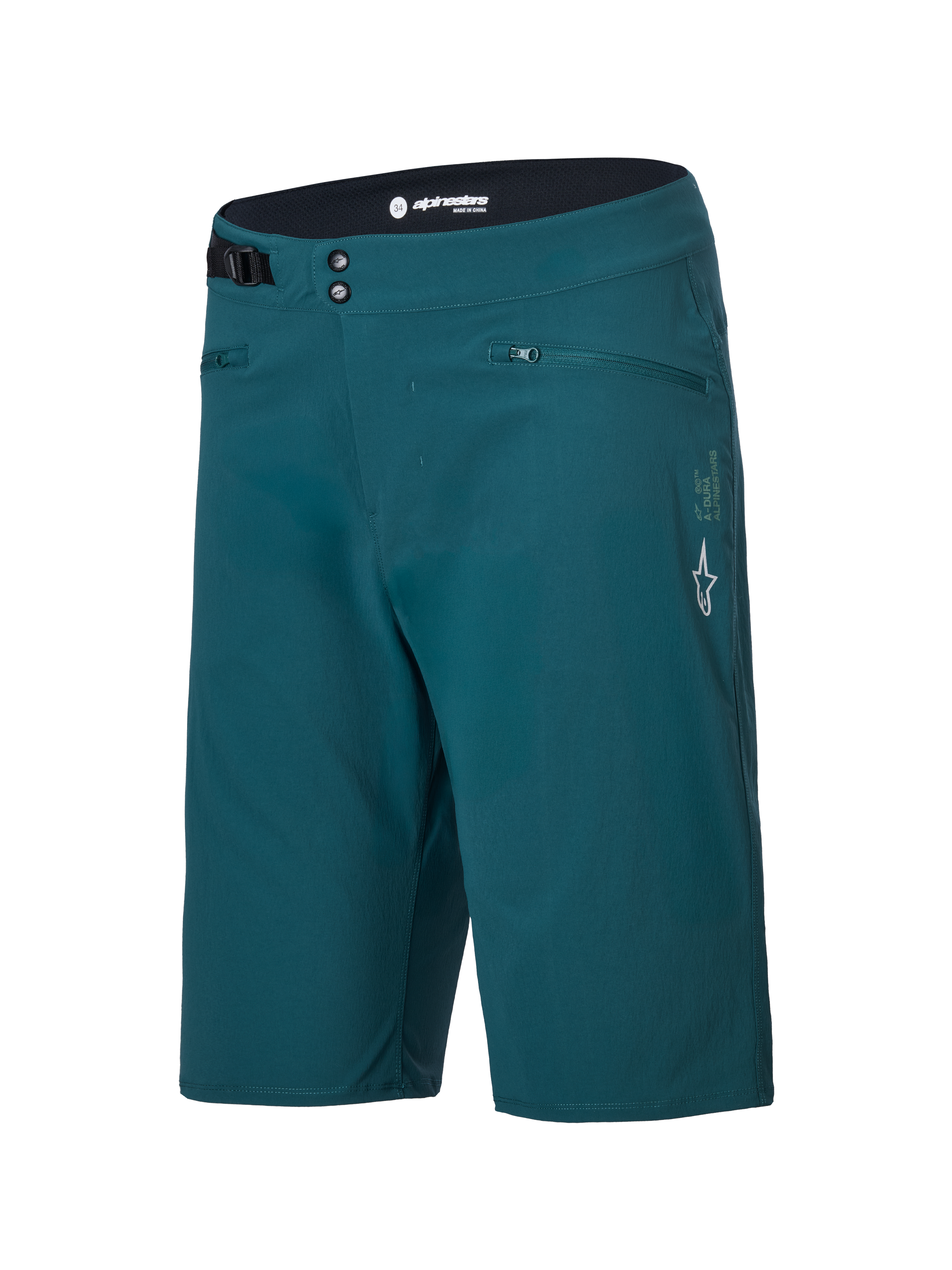 Pantaloncini Alpinestars A-Dura, pantaloncini da mountain bike, verde pino scuro, con tasche con zip, chiusura frontale a doppio scatto, regolatore laterale in vita e logo Alpinestars bianco sulla gamba sinistra, design resistente per il ciclismo MTB