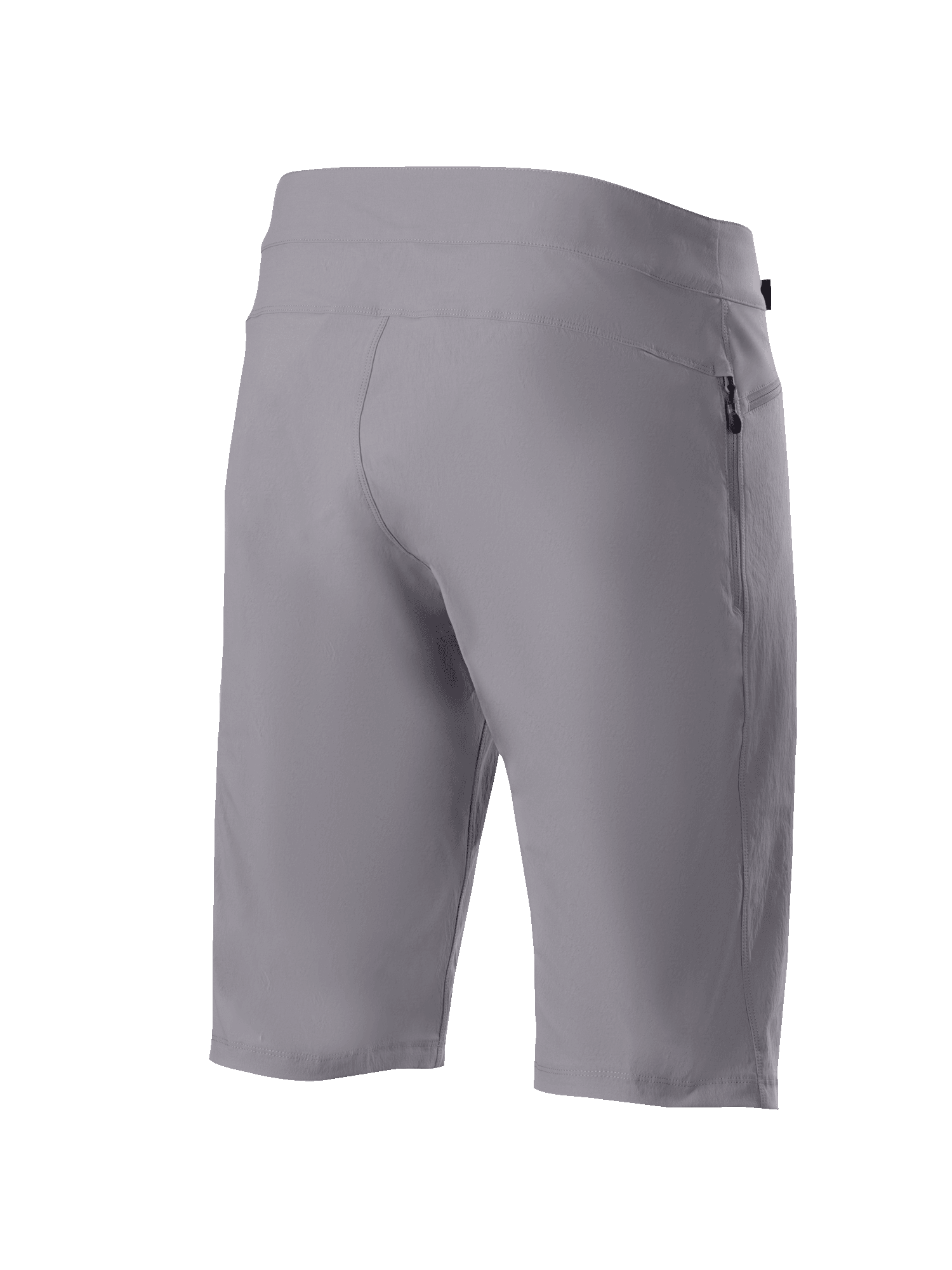 Alpinestars Pantaloncini A-Dura, shorts da mountain bike, grigio scuro, vista posteriore di tre quarti che mostra il resistente tessuto elasticizzato in due direzioni e la tasca laterale con zip, abbigliamento tecnico da ciclismo