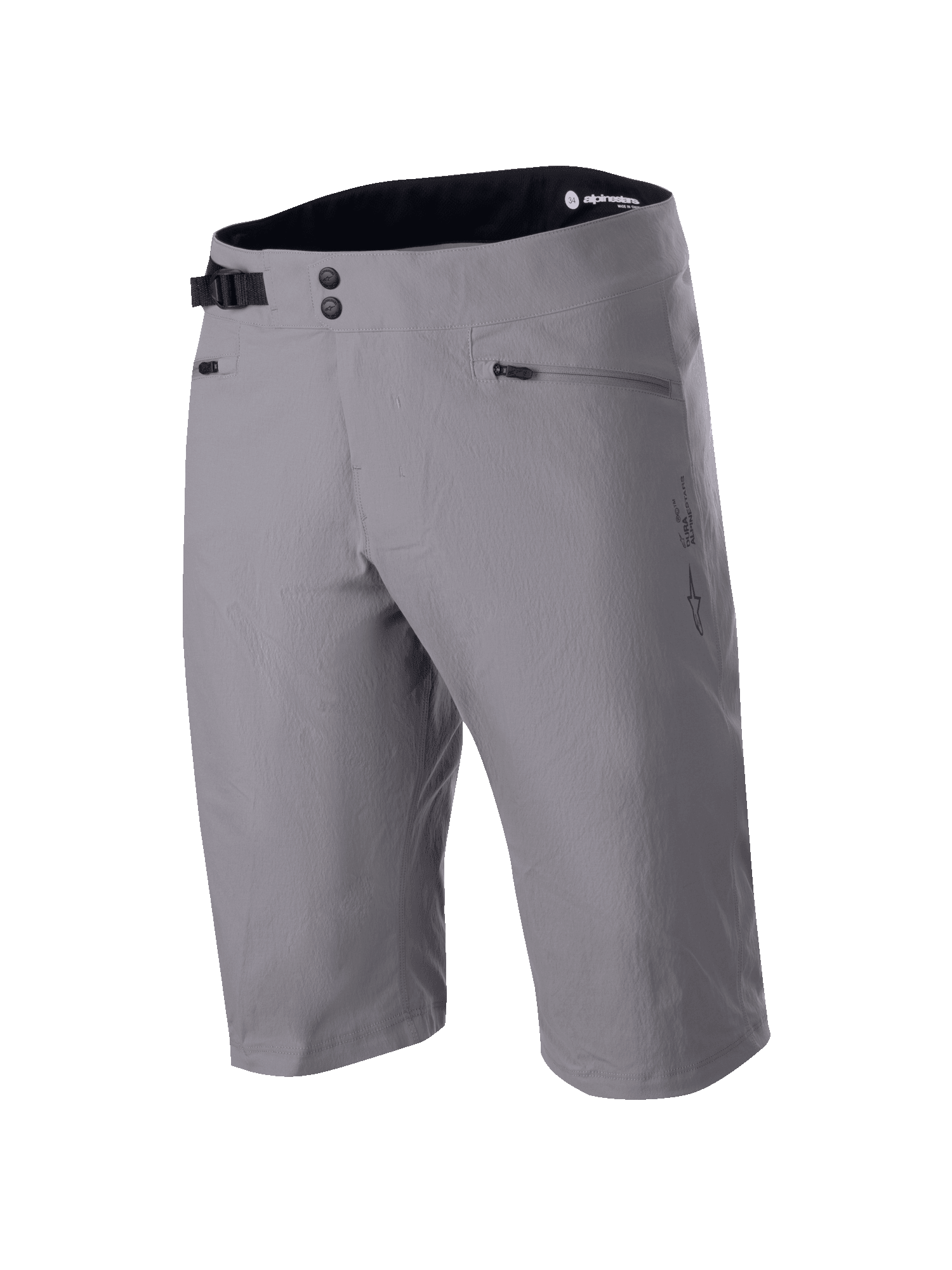 Alpinestars A-Dura Shorts, pantaloncini da MTB, grigio scuro, design al ginocchio con chiusura in vita a doppio scatto e regolazione laterale, tasche con zip, tessuto tecnico elasticizzato in 2 direzioni per mountain bike
